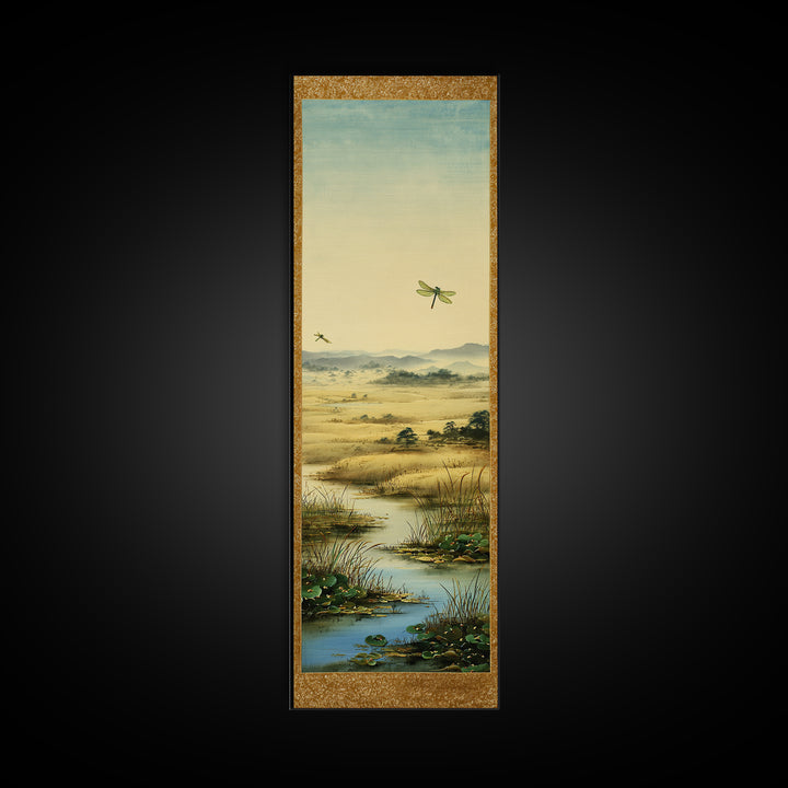 Dragonfly over a Pond with Reeds Framed Canvas Print, Nature Art, Botanical Art, Living Room Decor, Oil Painting, Nature, NAT-1x3-54