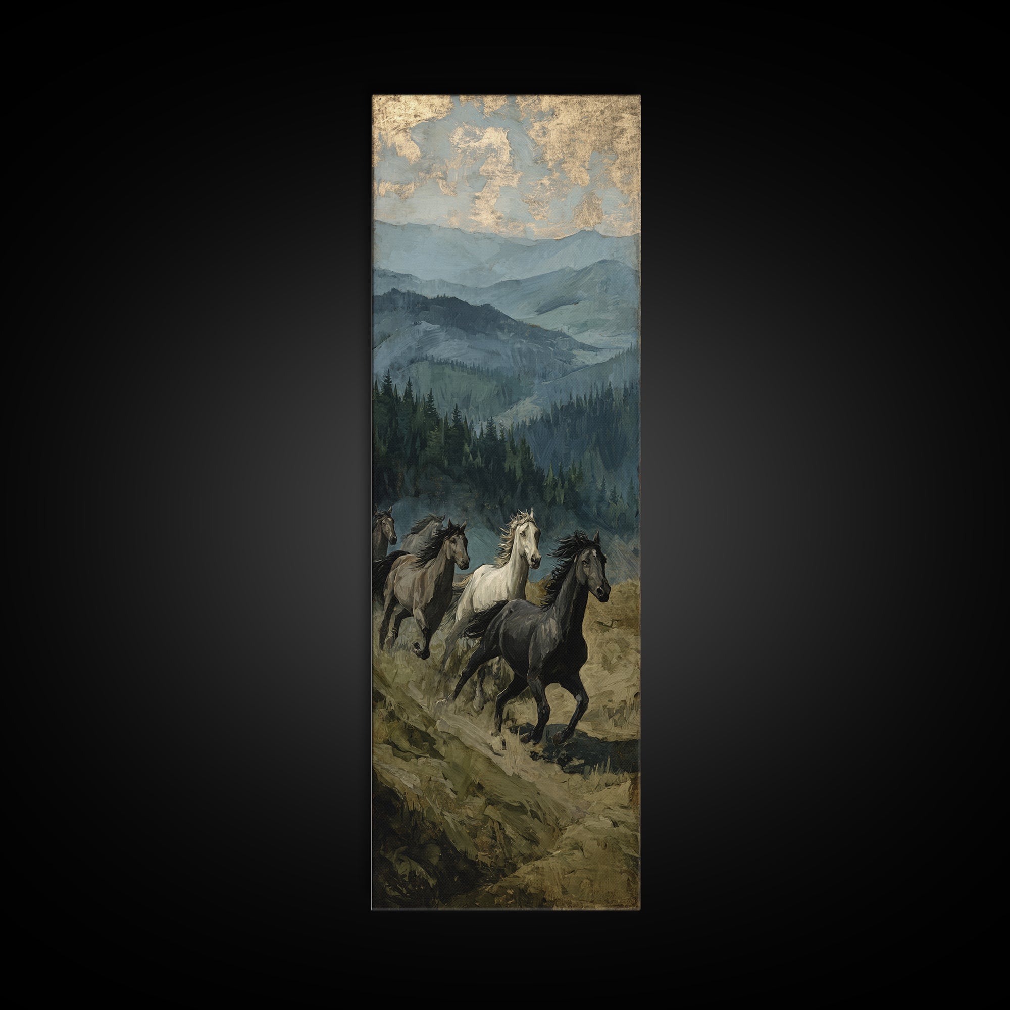 Wild Horses Running Near Mountain Ridge Framed Canvas Print, Nature Art, Digital Download Art, Living Room Decor, NAT-1x3-58