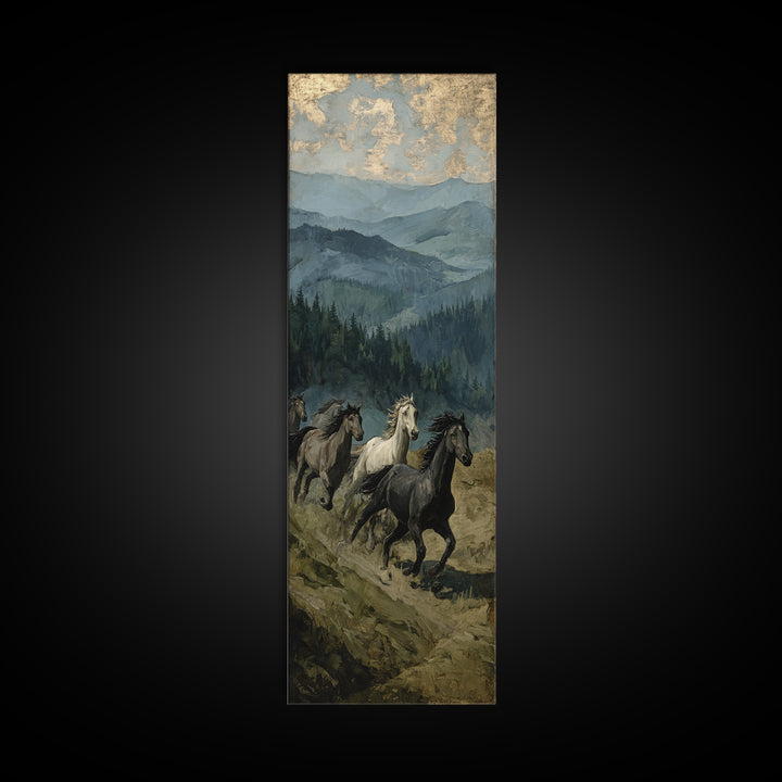 Wild Horses Running Near Mountain Ridge Framed Canvas Print, Nature Art, Digital Download Art, Living Room Decor, NAT-1x3-58