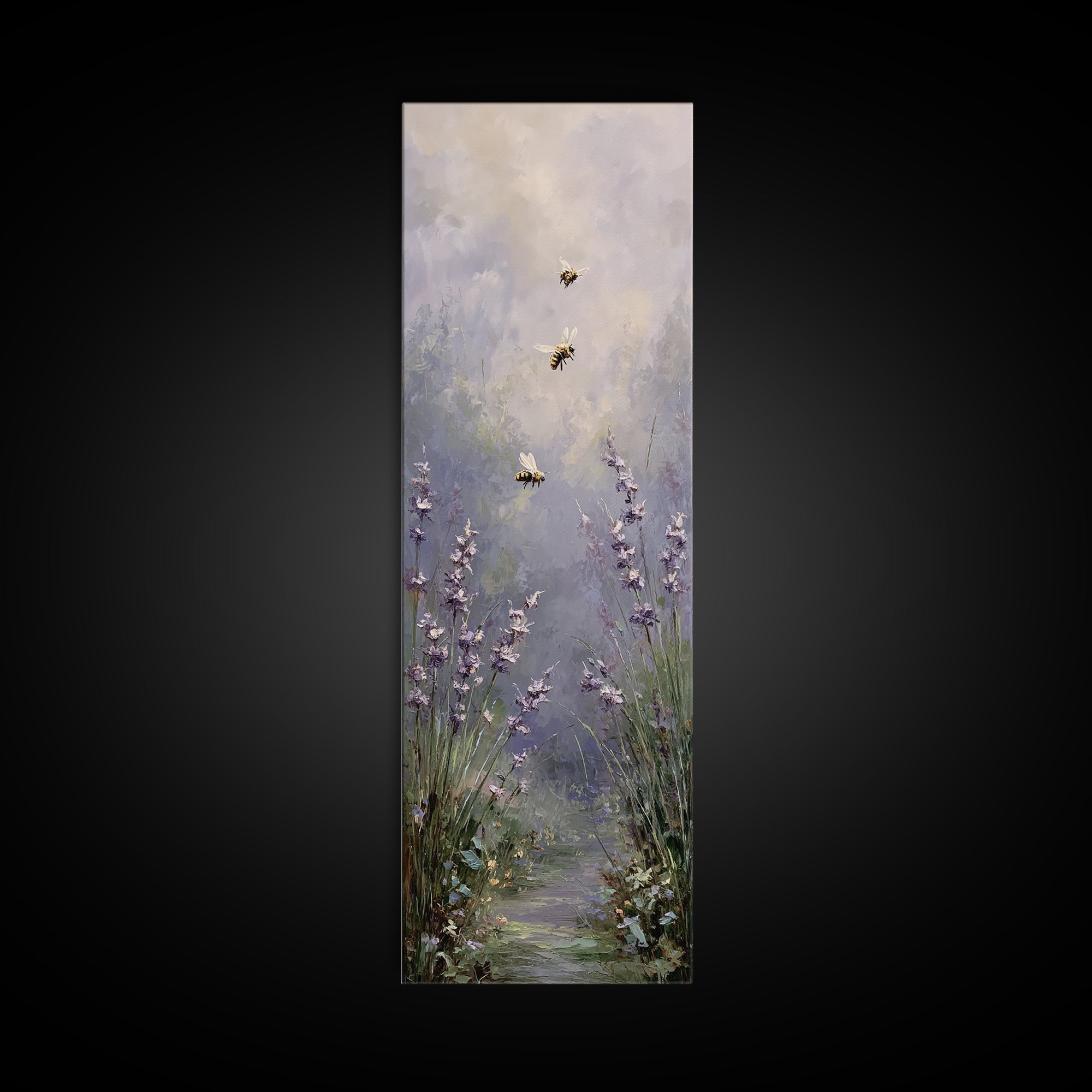 Bees Circling Lavender Blossoms Canvas Print, Nature Art, Framed Art, Living Room Decor, Fine Art, Nature, Botanical Art, NAT-1x3-59