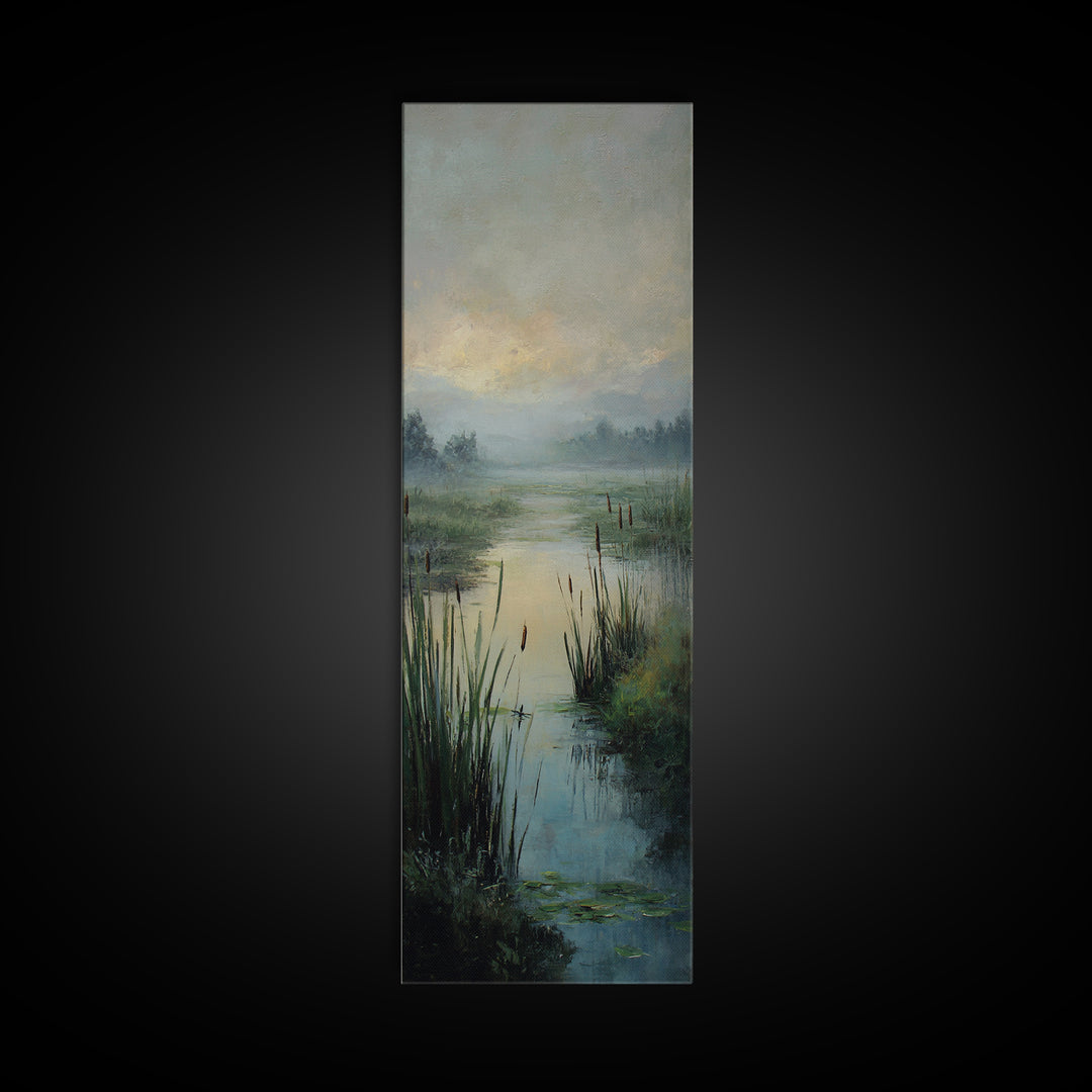 Dragonfly over a Pond with Reeds Canvas Print, Nature Art, Mountain Art, Living Room Decor, Fine Art, Nature, Minimalist Decor, NAT-1x3-78