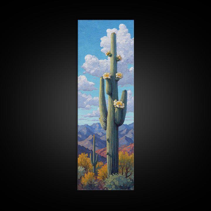 Desert Cactus Blooming After Rain Framed Canvas Print, Nature Art, Living Room Decor, Oil Painting, Nature, Ocean Art, NAT-1x3-80