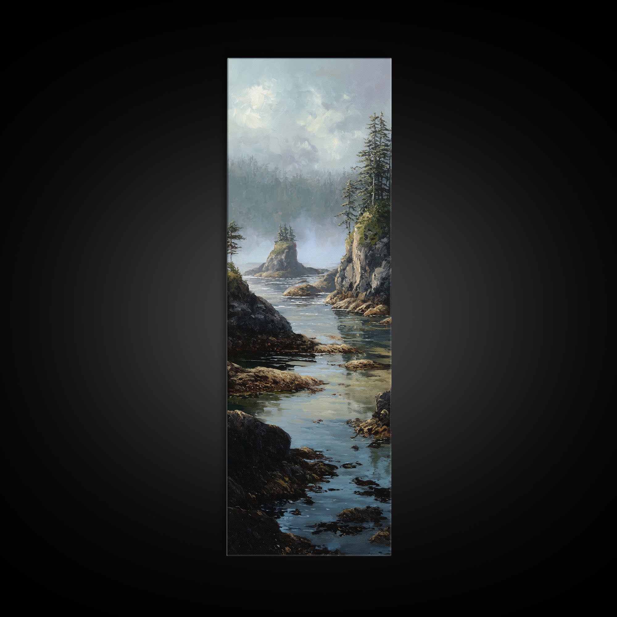Calm Beach Tide Pooling Around Rocks Framed Canvas Print, Nature Art, Original Painting, Living Room Decor, Fine Art, Nature, NAT-1x3-84