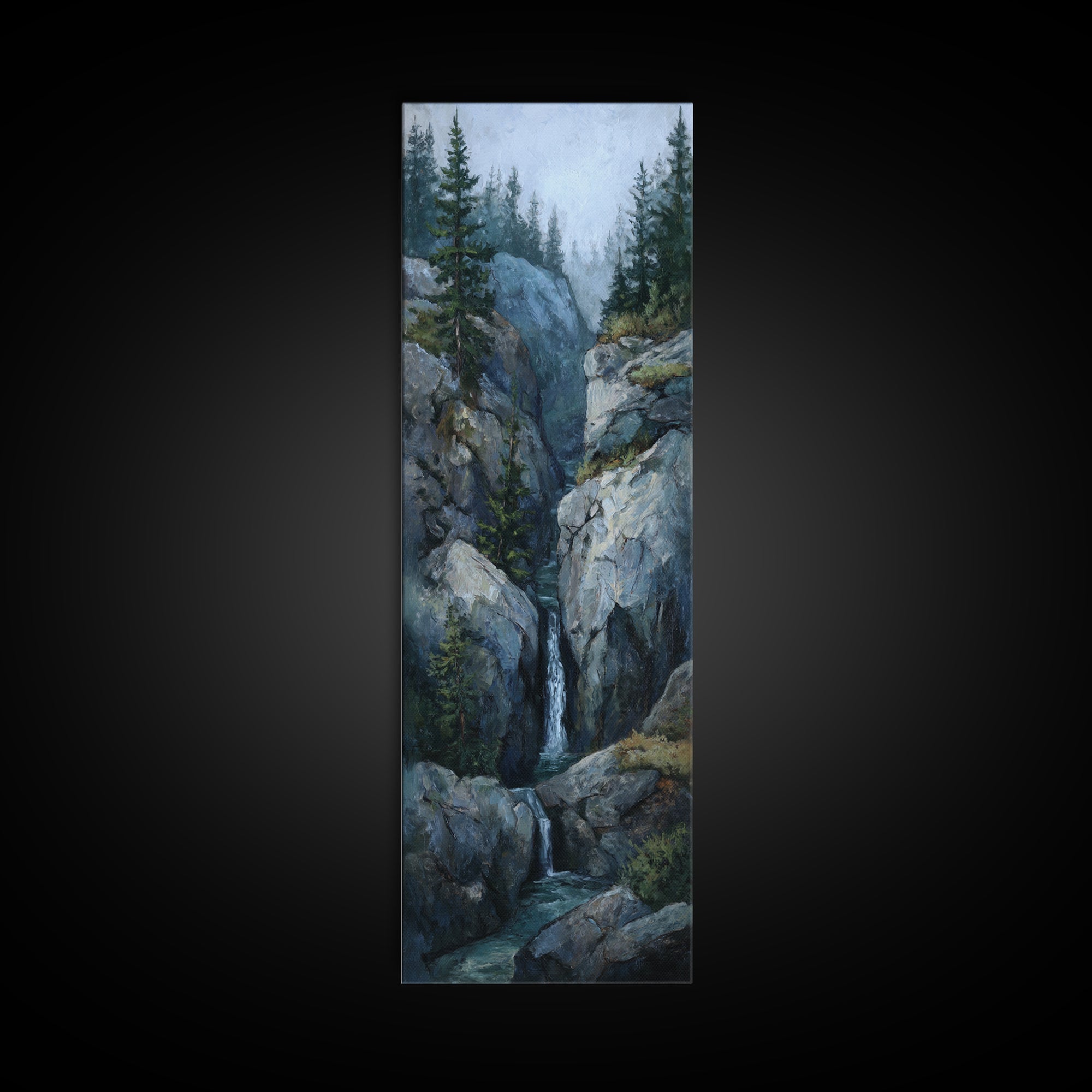 Waterfall Hidden Among Dark Green Rocks Framed Canvas Print, Nature Art, Botanical Art, Living Room Decor, Fine Art, Nature, NAT-1x3-87