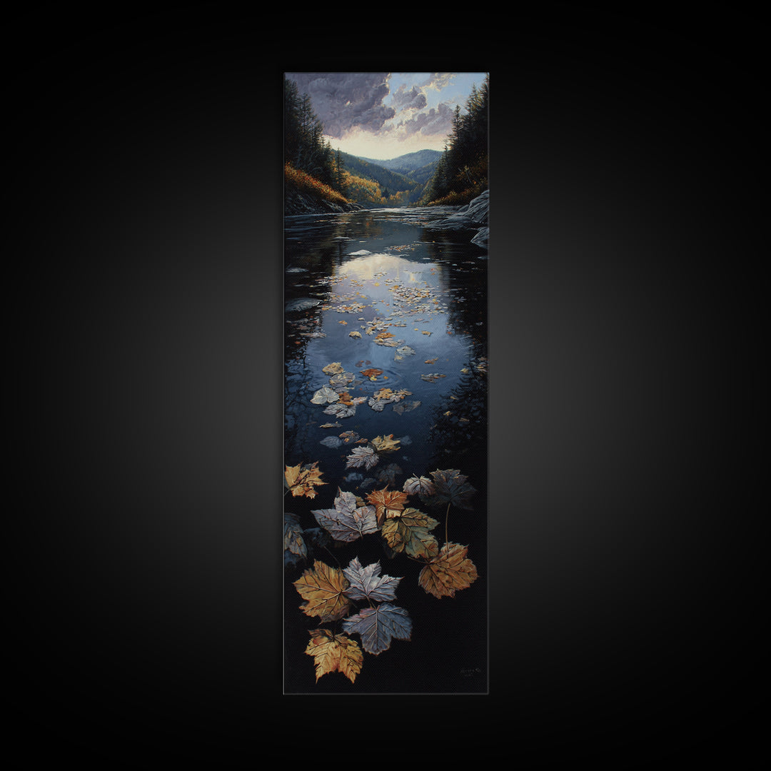 Autumn Leaves Floating on Quiet Stream Canvas Print, Nature Art, Art Print, Living Room Decor, Oil Painting, Nature, NAT-1x3-90