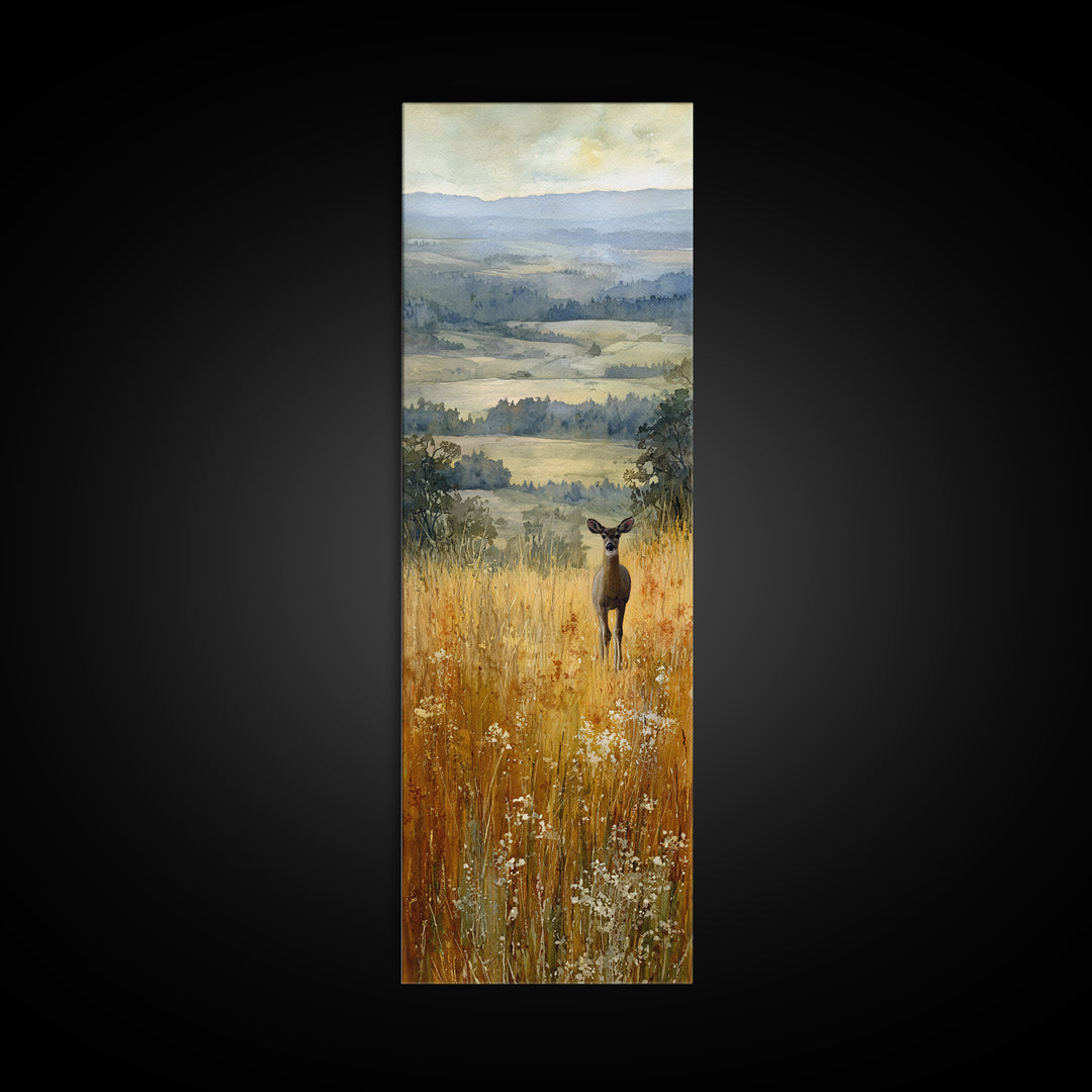 Deer Standing in a Golden Field Framed Canvas Print, Nature Art, Watercolor Painting, Living Room Decor, Fine Art, Nature, NAT-1x3-92