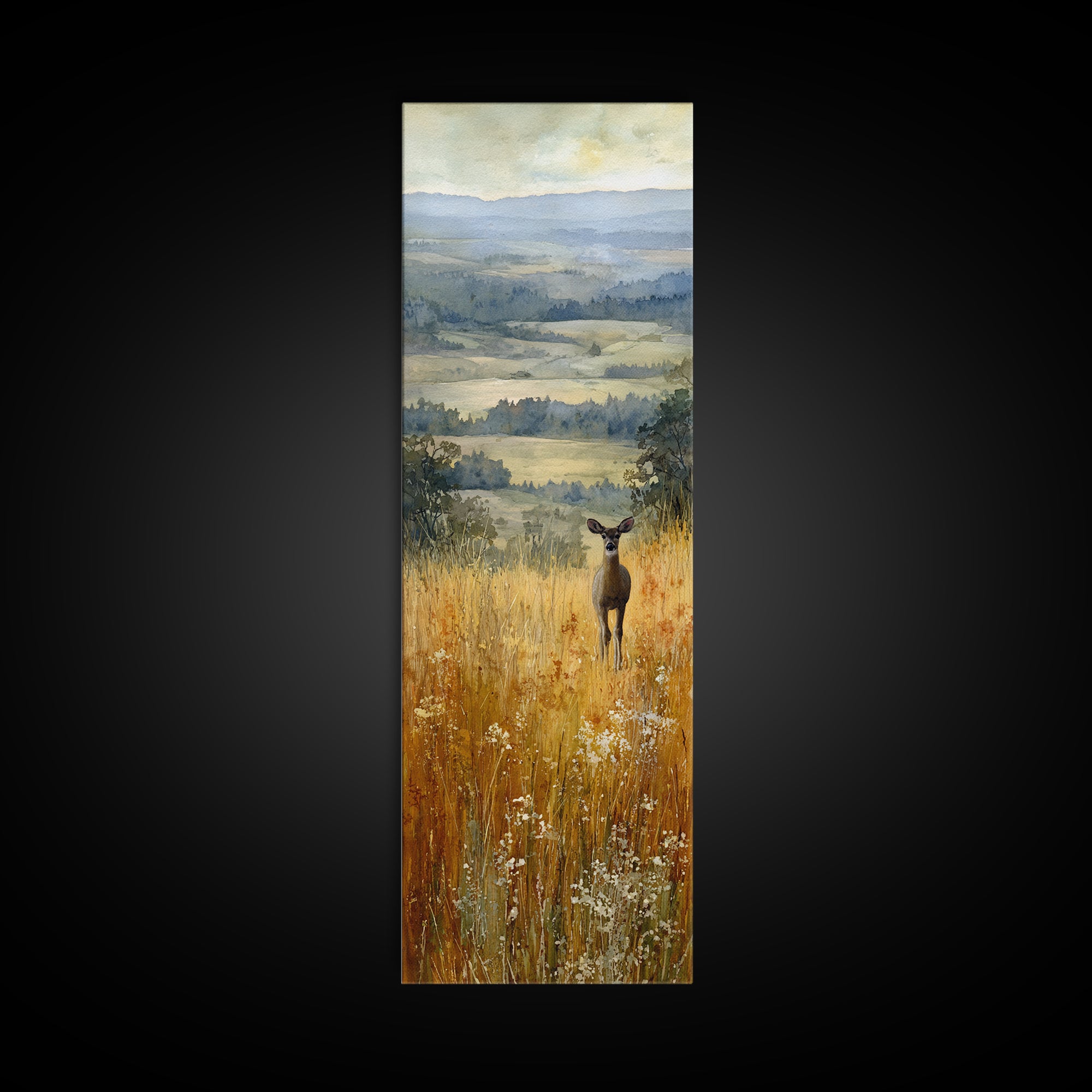 Deer Standing in a Golden Field Framed Canvas Print, Nature Art, Watercolor Painting, Living Room Decor, Fine Art, Nature, NAT-1x3-92