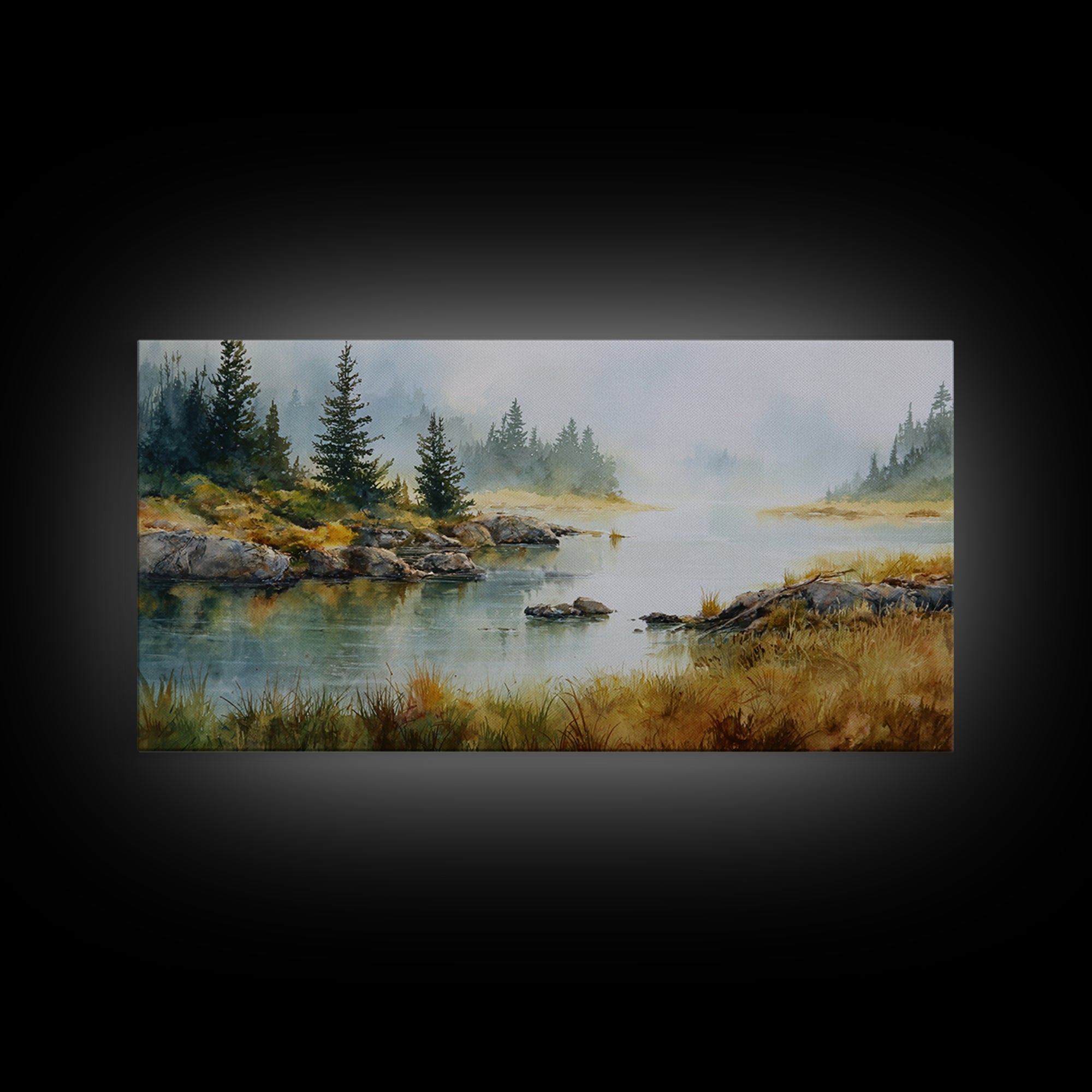 Misty Mountain Lake Framed Canvas Print, Nature Art, Home Decor, Living Room Decor, Oil Painting, Nature, Abstract Wall Art, NAT-2x1-1