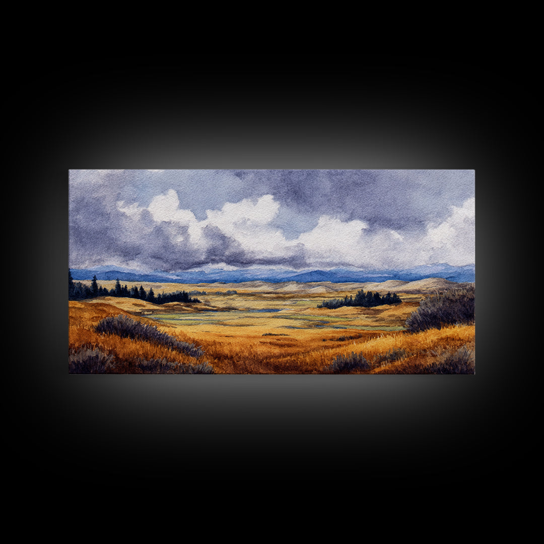 Storm Clouds over a Rolling Prairie Framed Canvas Print, Nature Art, Art Print, Living Room Decor, Fine Art, Nature, NAT-2x1-10