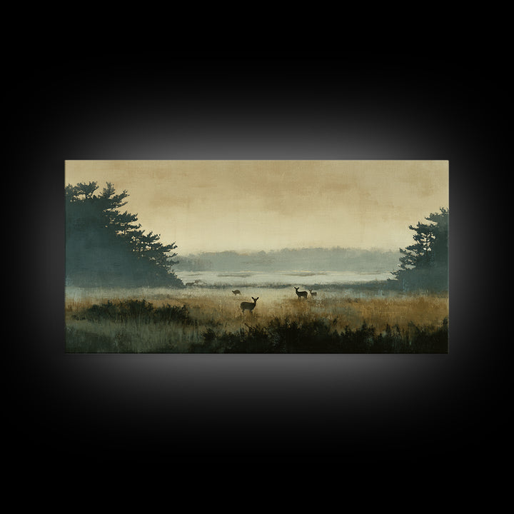 Deer Standing in a Golden Field Framed Canvas Print, Nature Art, Mountain Wall Art, Living Room Decor, Fine Art, Nature, NAT-2x1-100
