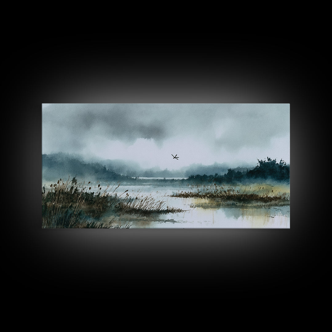 Dragonfly over a Pond with Reeds Framed Canvas Print, Nature Art, Fine Art Print, Living Room Decor, Watercolor Art, Nature, NAT-2x1-14