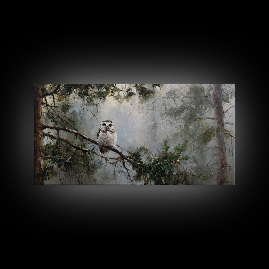 Owl in Moonlit Branches Framed Canvas Print, Nature Art, Minimalist Decor, Living Room Decor, Fine Art, Nature, Artwork, NAT-2x1-15