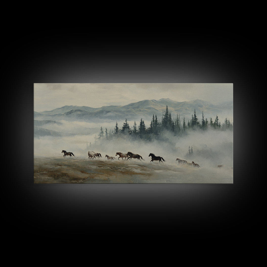 Wild Horses Running Near Mountain Ridge Framed Canvas Print, Nature Art, Statement Artwork, Living Room Decor, Fine Art, Nature, NAT-2x1-18