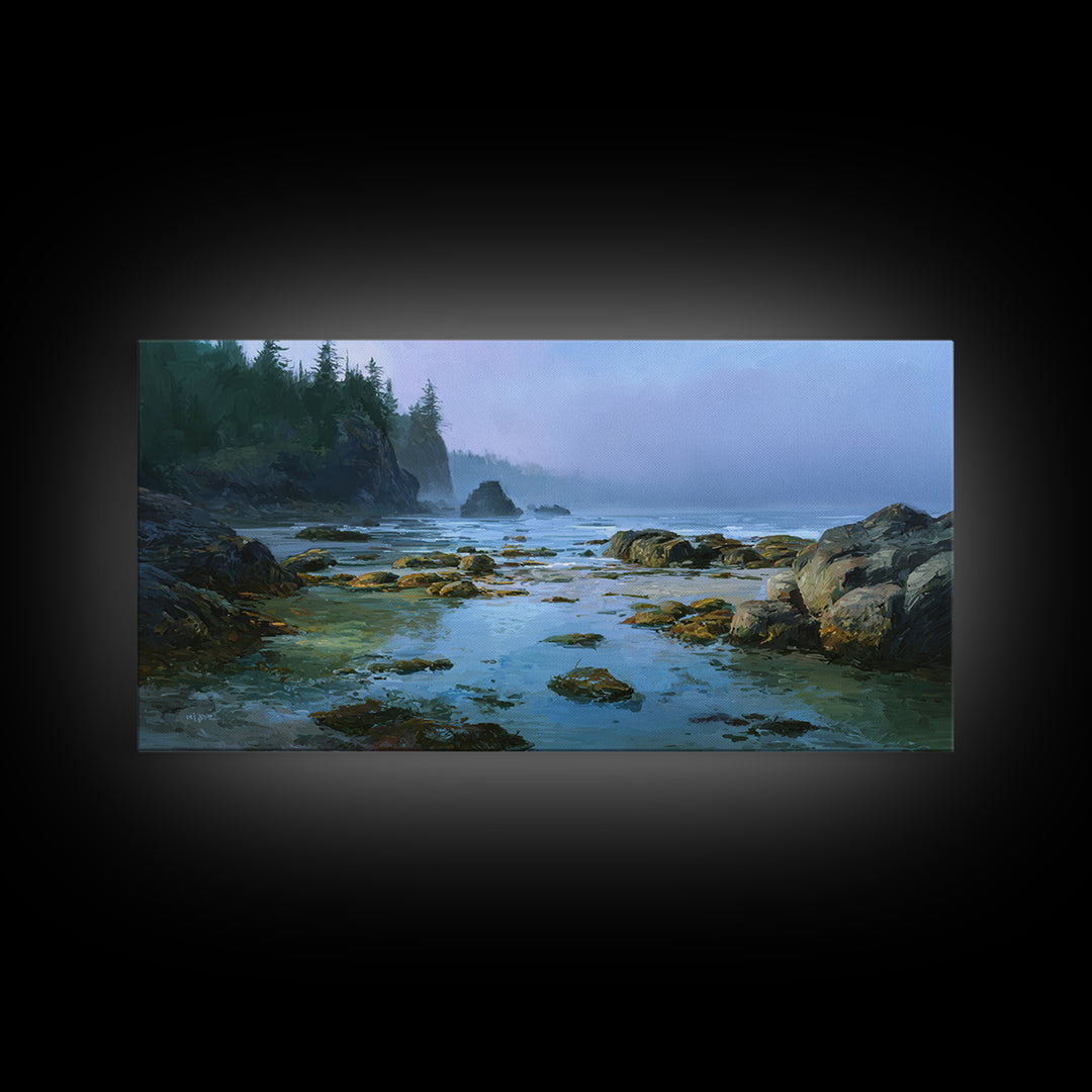 Calm Beach Tide Pooling Around Rocks Framed Canvas Print, Nature Art, Statement Artwork, Living Room Decor, Fine Art, Nature, NAT-2x1-20