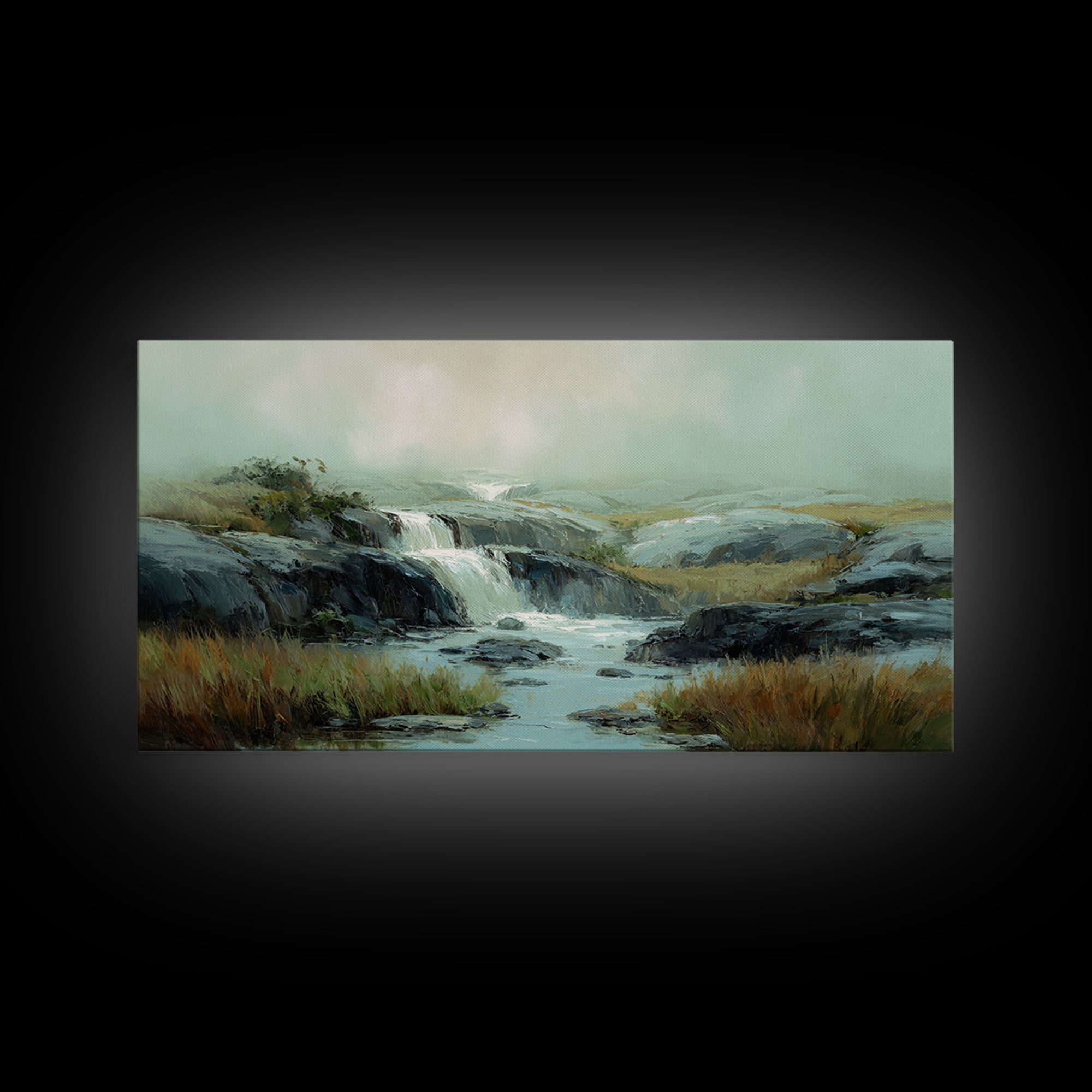 Waterfall Hidden Among Dark Green Rocks Framed Canvas Print, Nature Art, Mushroom, Living Room Decor, Watercolor Art, Nature, NAT-2x1-23