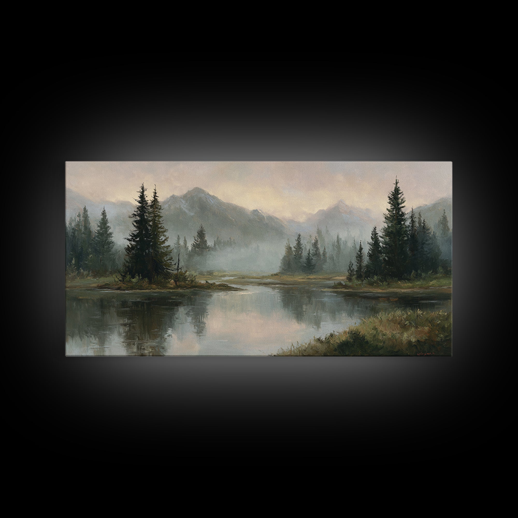 Misty Mountain Lake Framed Canvas Print, Nature Art, Home Decor, Living Room Decor, Oil Painting, Nature, Abstract Wall Art, NAT-2x1-25