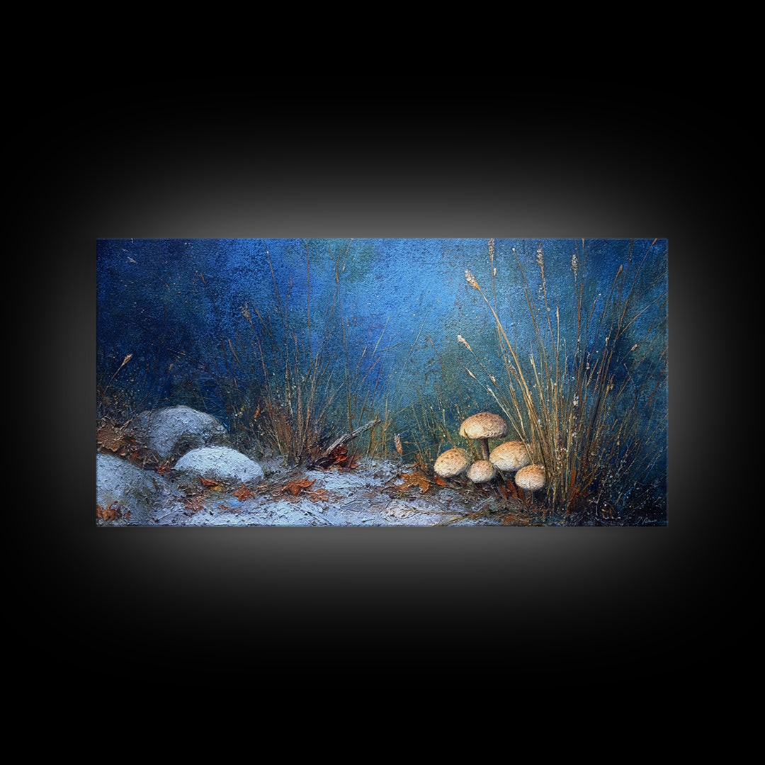 Mushroom Cluster in Enchanted Woodland Framed Canvas Print, Nature Art, Fine Art Print, Living Room Decor, Oil Painting, Nature, NAT-2x1-27