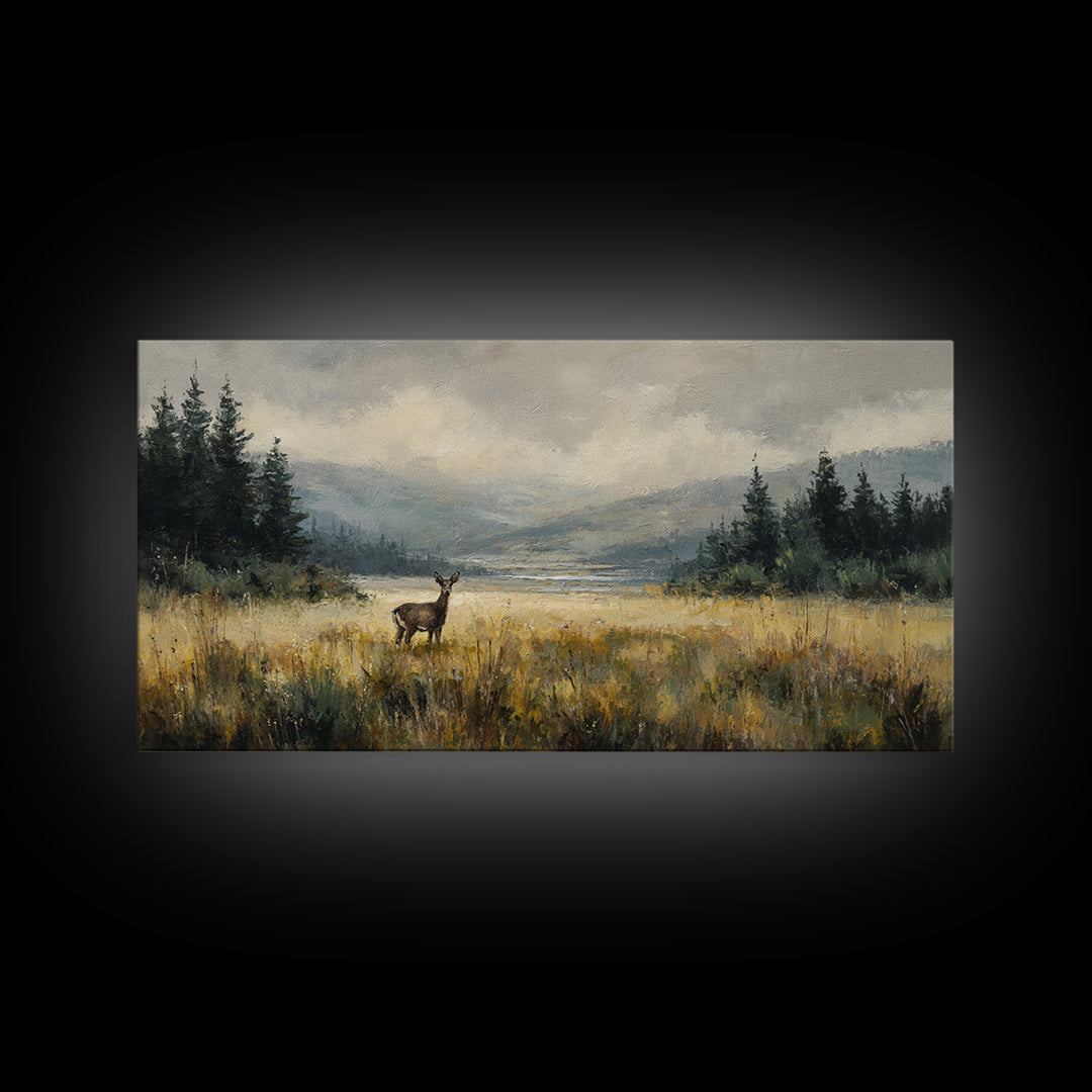 Deer Standing in a Golden Field Framed Canvas Print, Nature Art, Minimalist Decor, Living Room Decor, Fine Art, Nature, NAT-2x1-28