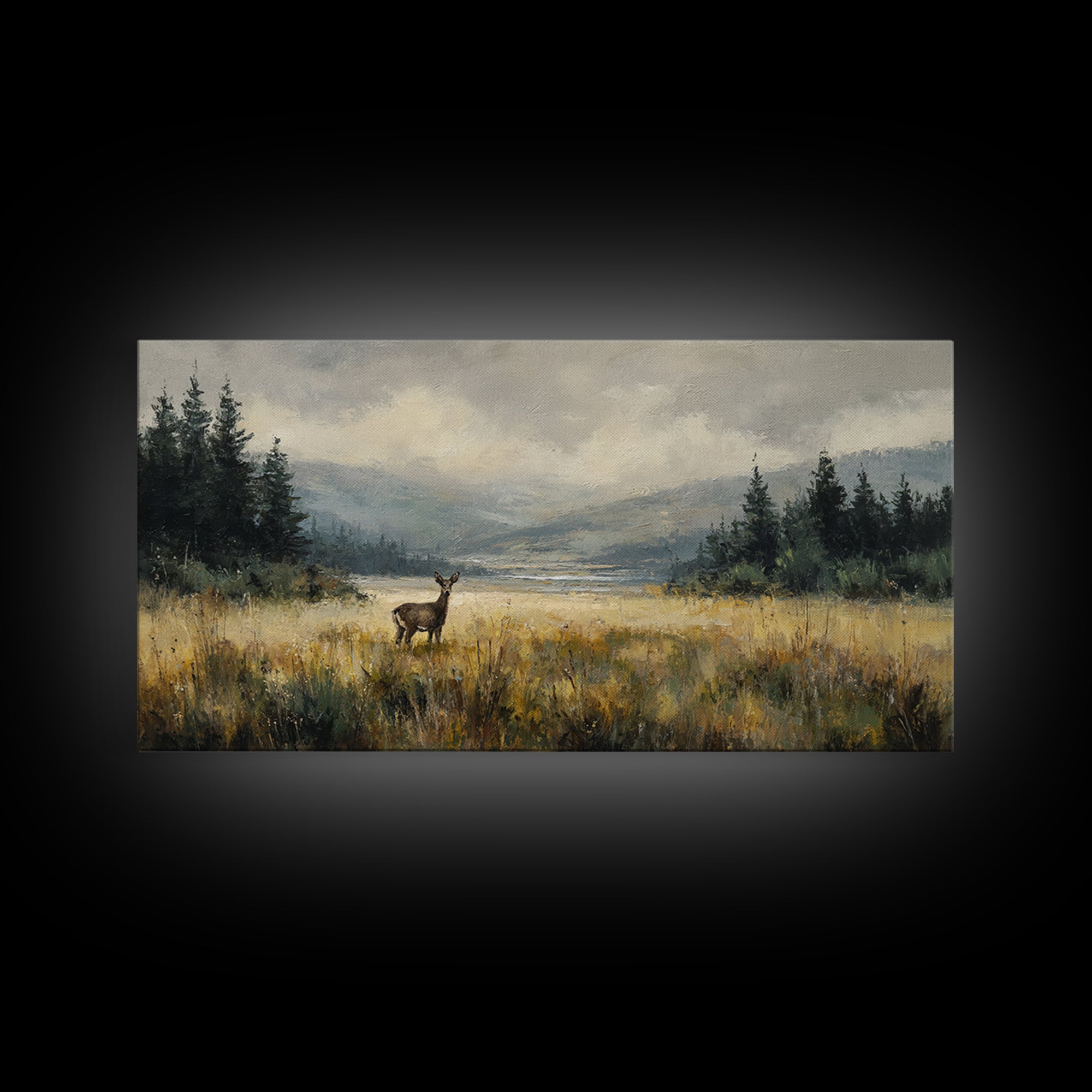 Deer Standing in a Golden Field Framed Canvas Print, Nature Art, Minimalist Decor, Living Room Decor, Fine Art, Nature, NAT-2x1-28