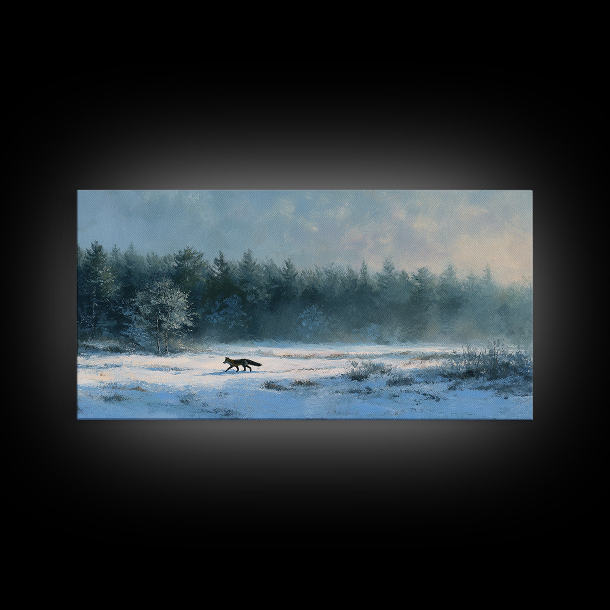Fox Crossing a Snowy Forest Clearing Framed Canvas Print, Nature Art, Luxury Decor, Living Room Decor, Oil Painting, Nature, NAT-2x1-30