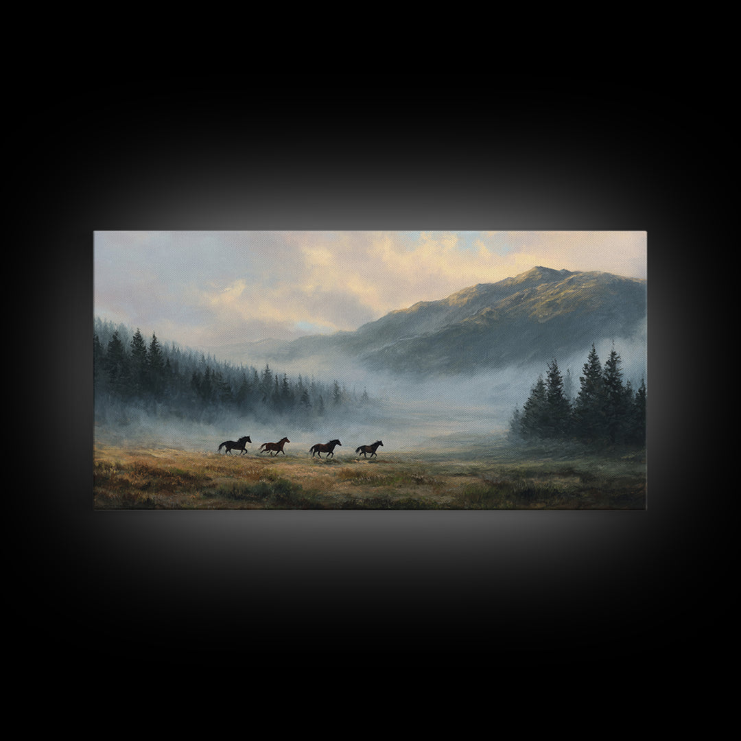 Wild Horses Running Near Mountain Ridge Framed Canvas Print, Nature Art, Statement Artwork, Living Room Decor, Fine Art, Nature, NAT-2x1-42