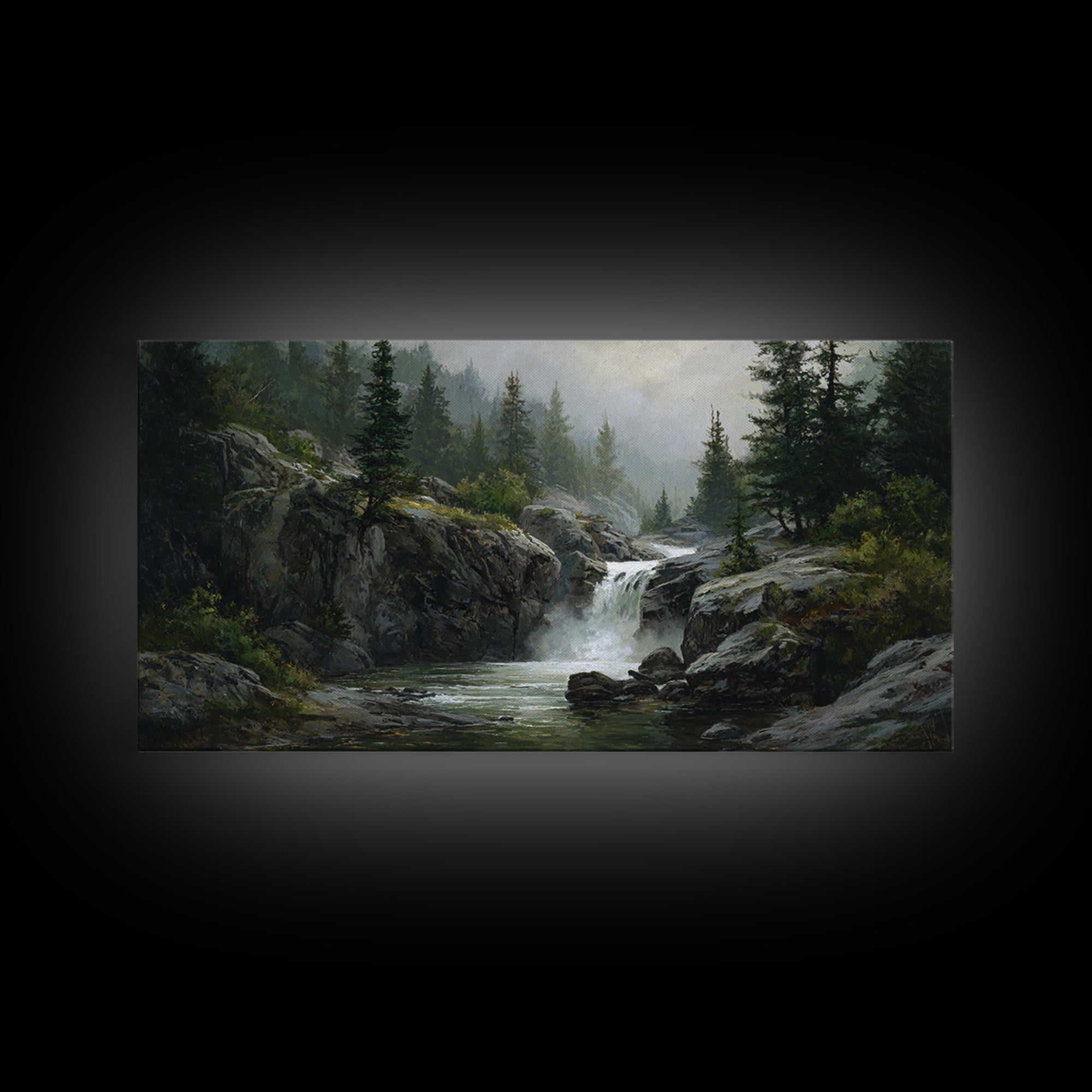 Waterfall Hidden Among Dark Green Rocks Canvas Print, Nature Art, Framed Art, Living Room Decor, Oil Painting, Nature, NAT-2x1-47