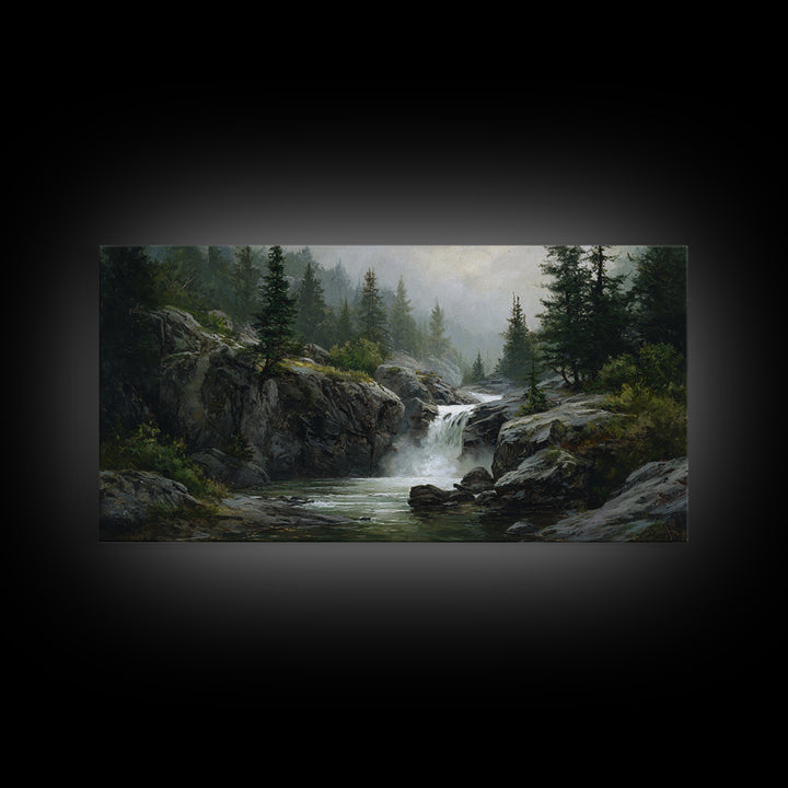 Waterfall Hidden Among Dark Green Rocks Canvas Print, Nature Art, Framed Art, Living Room Decor, Oil Painting, Nature, NAT-2x1-47