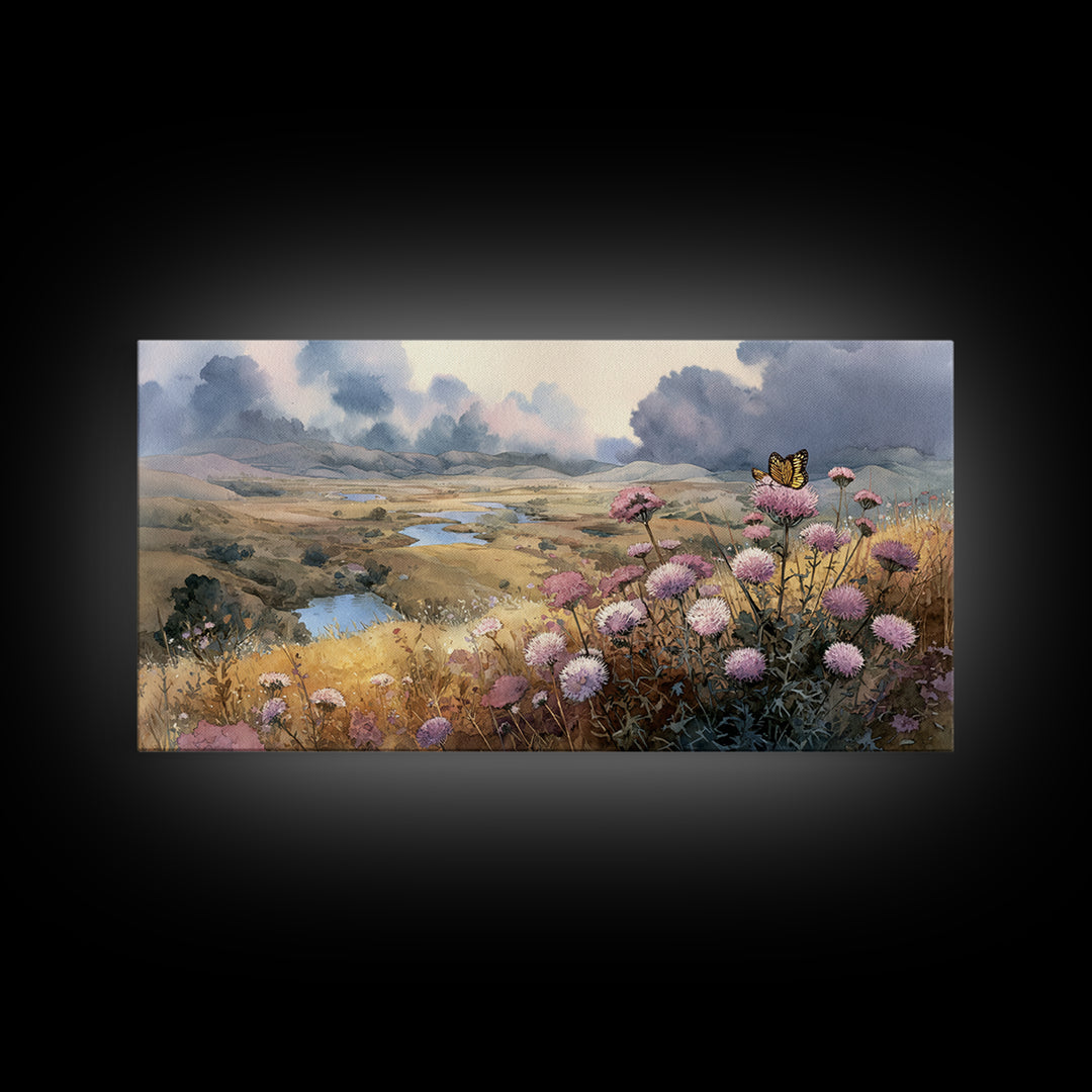 Butterfly Resting on a Blooming Thistle Canvas Print, Nature Art, Art, Living Room Decor, Fine Art, Nature, 3d Wall Art, NAT-2x1-48