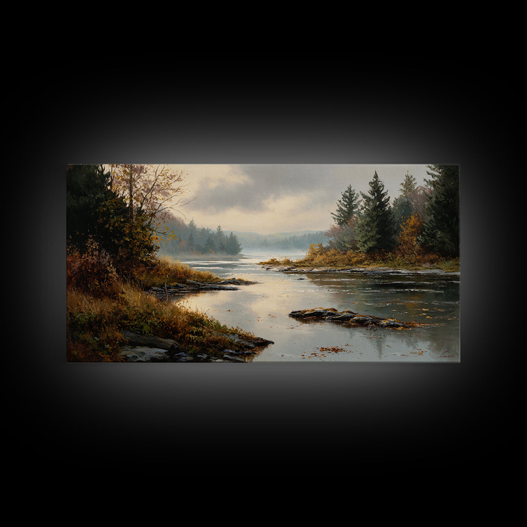 Autumn Leaves Floating on Quiet Stream Framed Canvas Print, Nature Art, Minimalist Decor, Living Room Decor, Fine Art, Nature, NAT-2x1-50