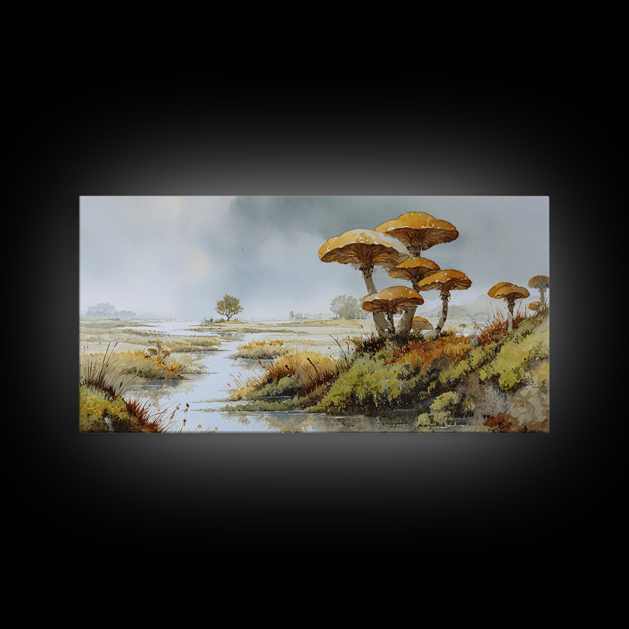 Mushroom Cluster in Enchanted Woodland Framed Canvas Print, Nature Art, Wood Wall Art, Living Room Decor, Watercolor Art, NAT-2x1-51