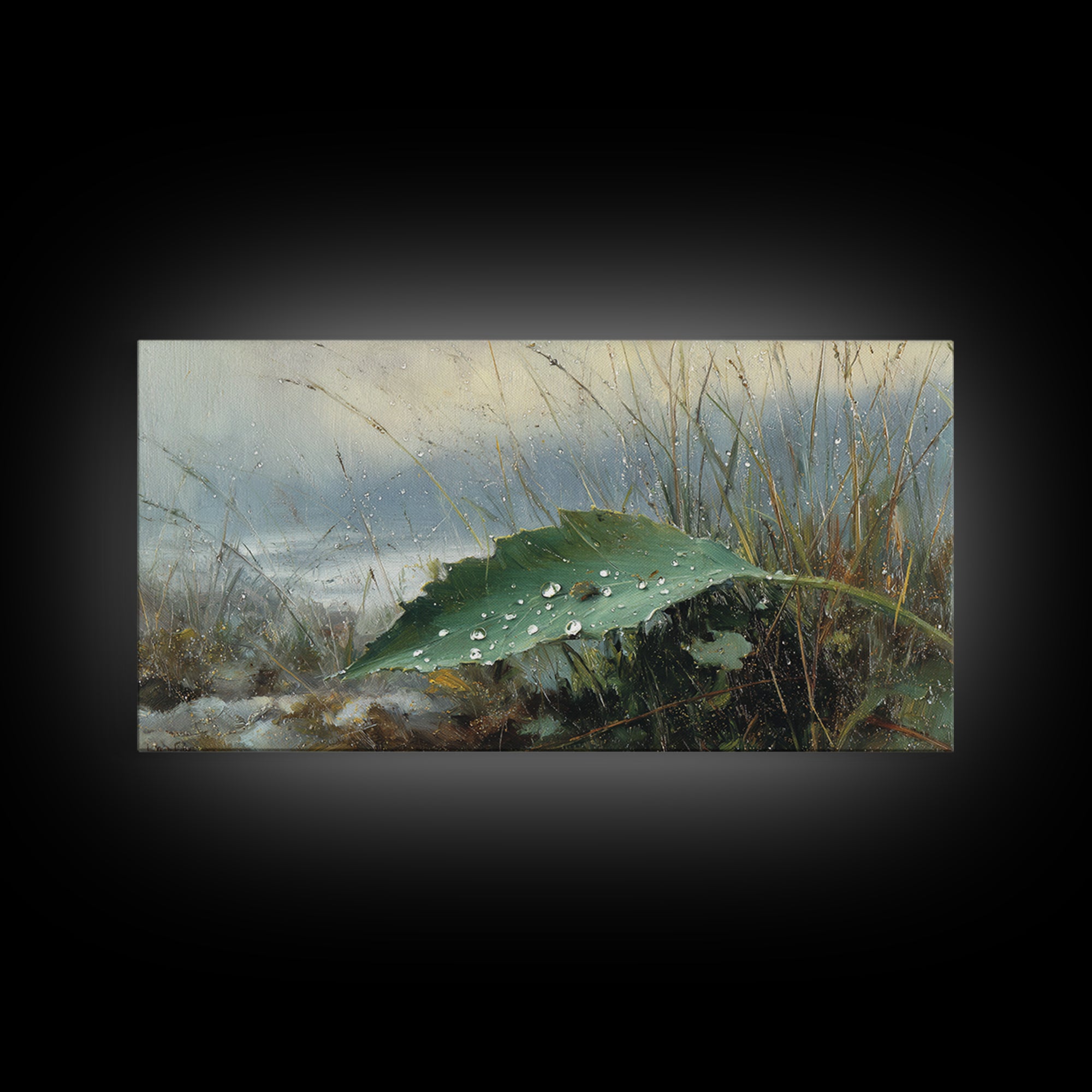 Rain Drops on a Large Green Leaf Canvas Print, Nature Art, Wall Hangings, Living Room Decor, Watercolor Art, Nature, NAT-2x1-53