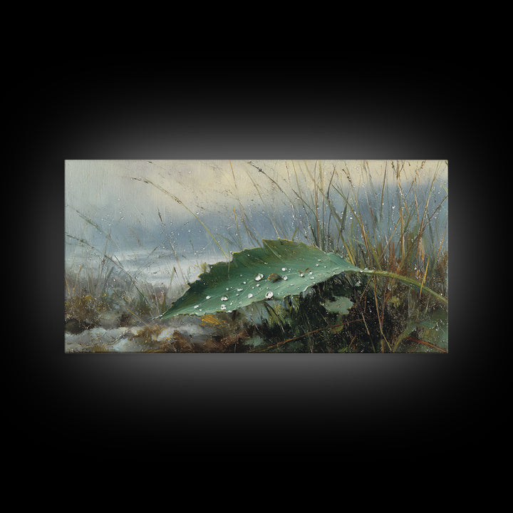 Rain Drops on a Large Green Leaf Canvas Print, Nature Art, Wall Hangings, Living Room Decor, Watercolor Art, Nature, NAT-2x1-53