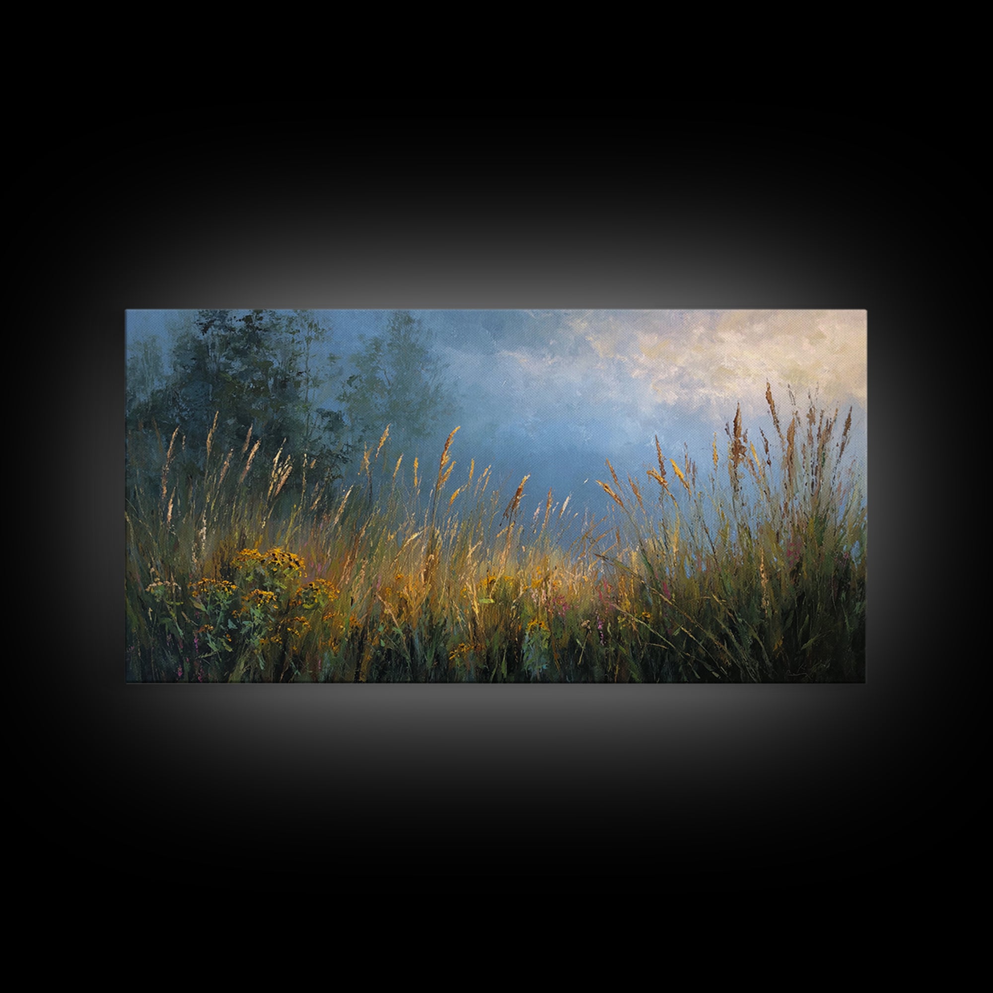 Sunrise Through Tall Grass and Wildflowers Framed Canvas Print, Nature Art, Living Room Decor, Fine Art, Nature, Ocean Art, NAT-2x1-55