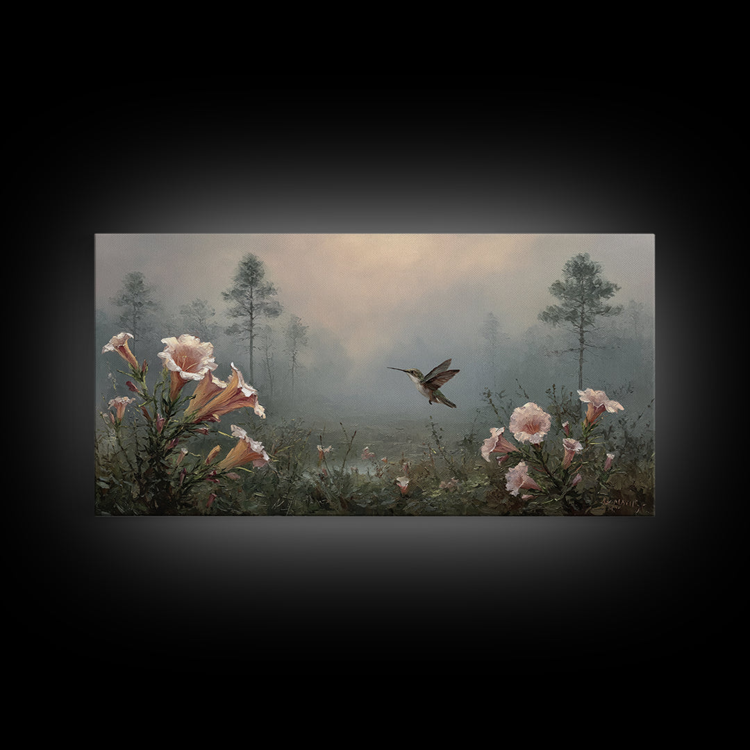 Hummingbird Beside Bright Trumpet Flowers Framed Canvas Print, Nature Art, Painting, Living Room Decor, Fine Art, Nature, NAT-2x1-56