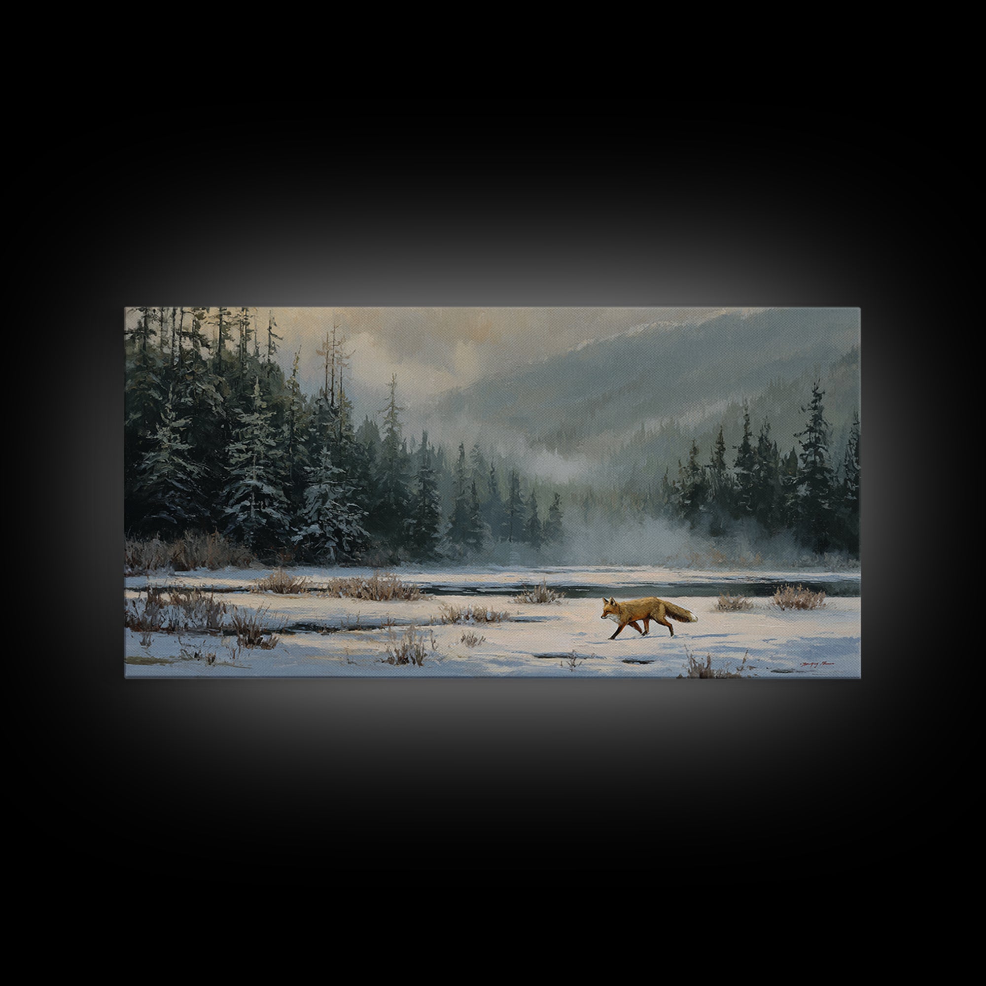 Fox Crossing a Snowy Forest Clearing Framed Canvas Print, Nature Art, Luxury Decor, Living Room Decor, Oil Painting, Nature, NAT-2x1-6