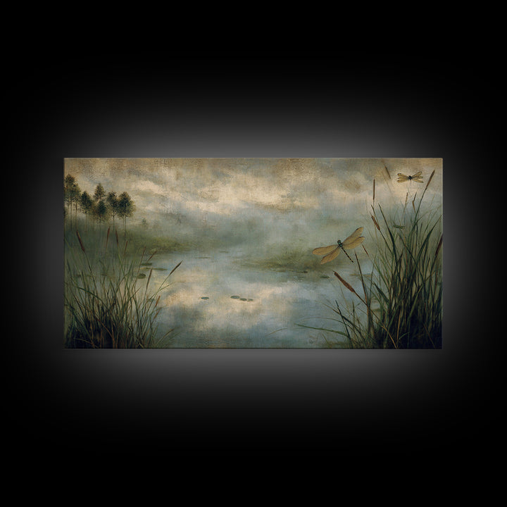 Dragonfly over a Pond with Reeds Canvas Print, Nature Art, Room Decor, Living Room Decor, Oil Painting, Nature, Wall Hangings, NAT-2x1-62