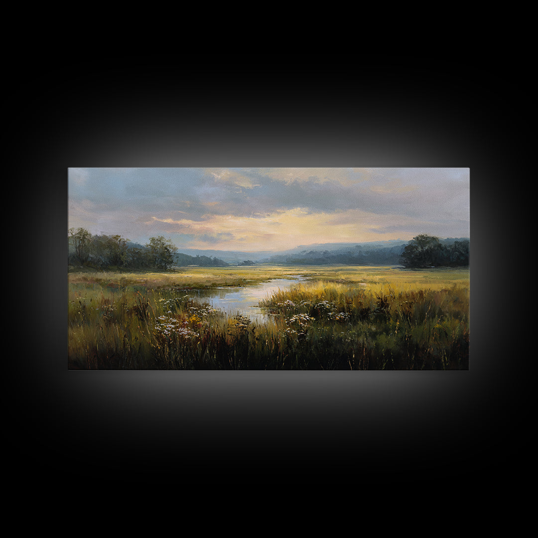 Sunrise Through Tall Grass and Wildflowers Framed Canvas Print, Nature Art, Poster, Living Room Decor, Watercolor Art, Nature, NAT-2x1-7