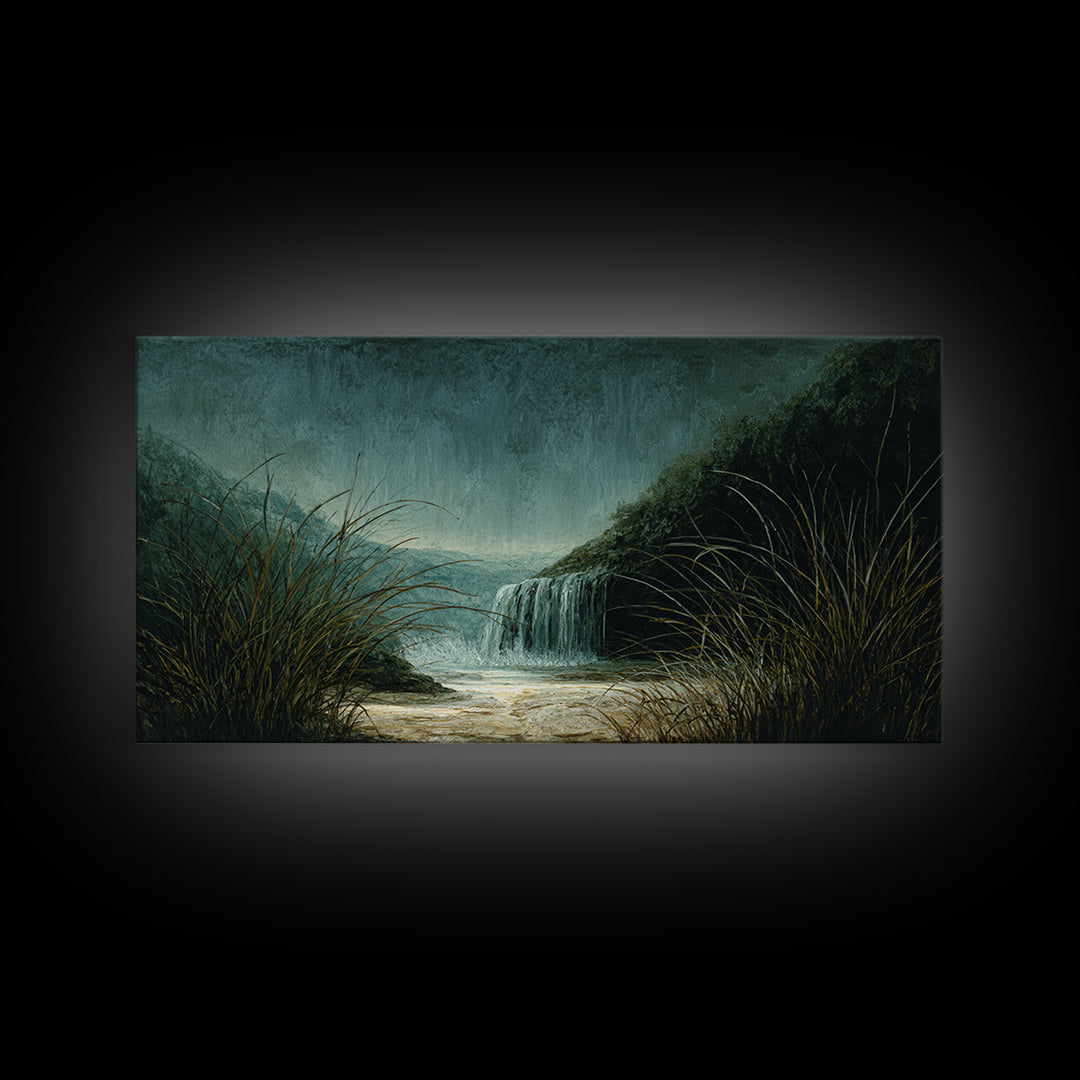 Waterfall Hidden Among Dark Green Rocks Canvas Print, Nature Art, Landscape Art, Living Room Decor, Abstract Art, Nature, NAT-2x1-71