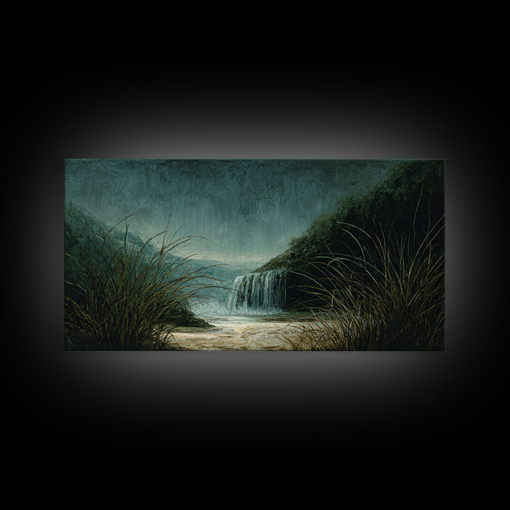 Waterfall Hidden Among Dark Green Rocks Canvas Print, Nature Art, Landscape Art, Living Room Decor, Abstract Art, Nature, NAT-2x1-71
