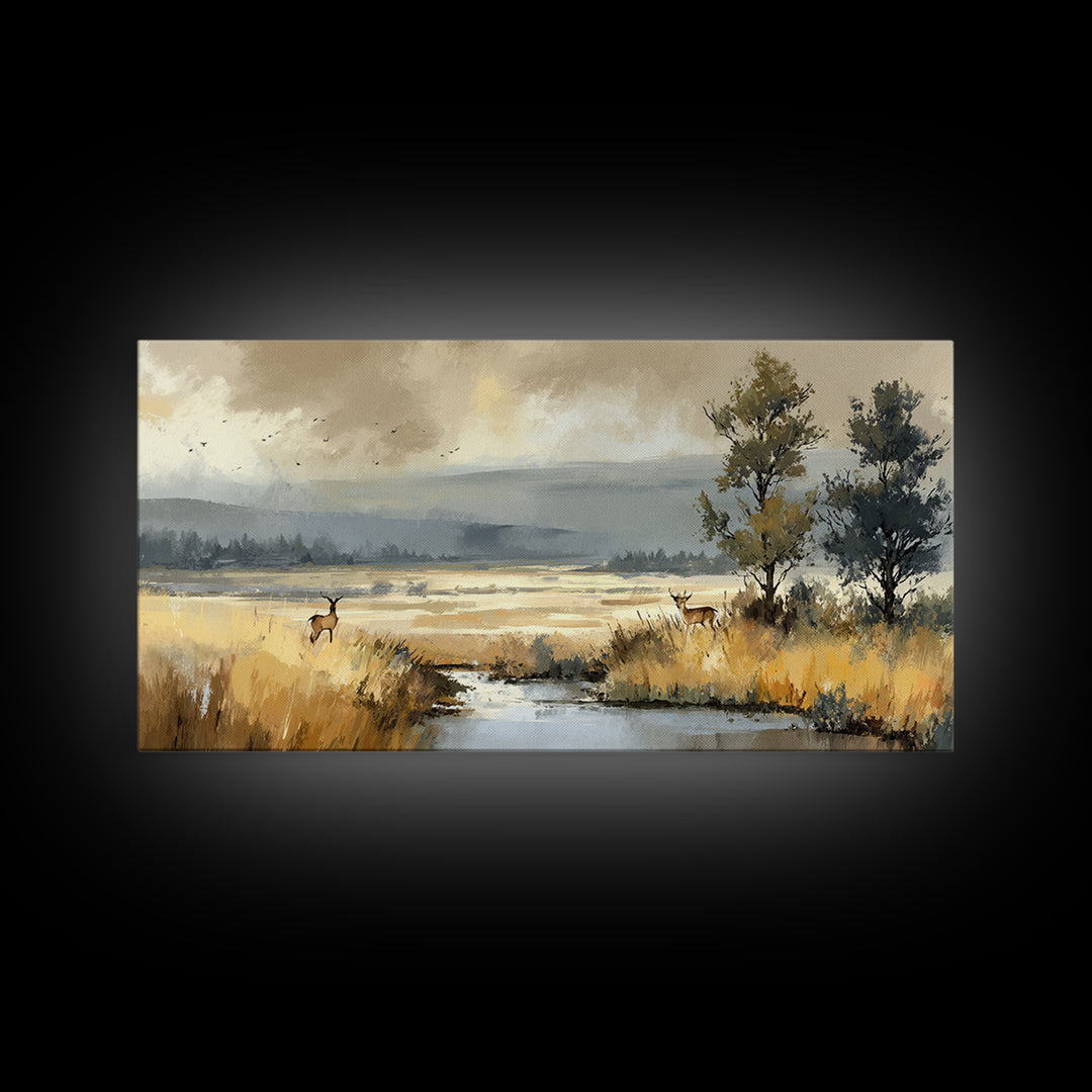 Deer Standing in a Golden Field Canvas Print, Nature Art, 3d Wall Art, Living Room Decor, Fine Art, Nature, Nature Wall Art, NAT-2x1-76