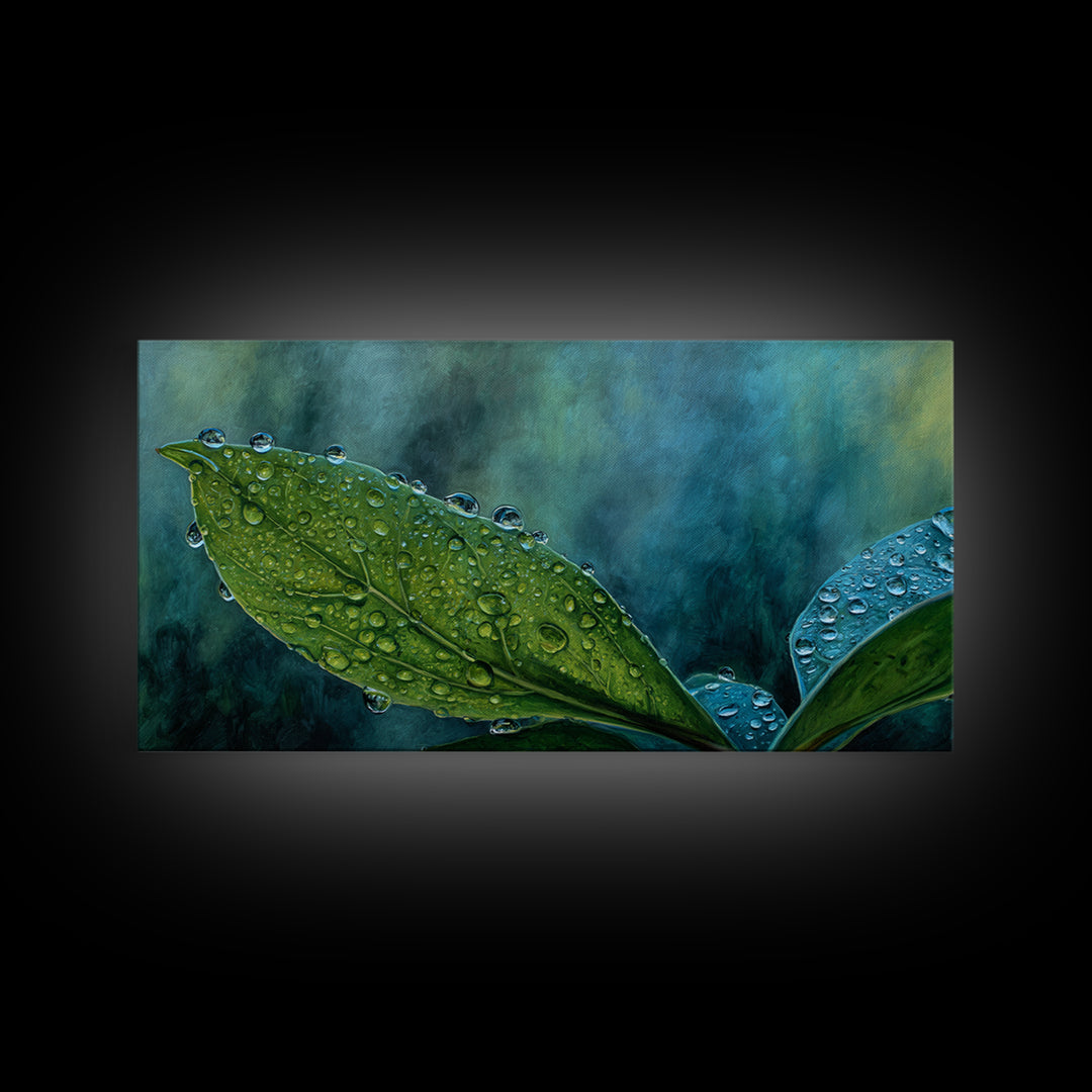 Rain Drops on a Large Green Leaf Canvas Print, Nature Art, Wall Hangings, Living Room Decor, Watercolor Art, Nature, NAT-2x1-77