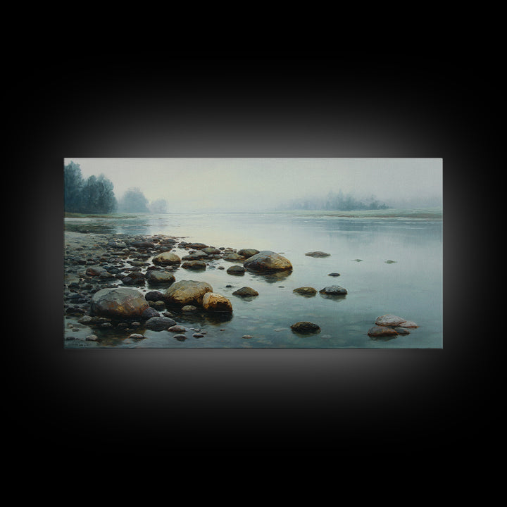River Stones under Clear Shallow Water Framed Canvas Print, Nature Art, Living Room Decor, Watercolor Art, Nature, NAT-2x1-81