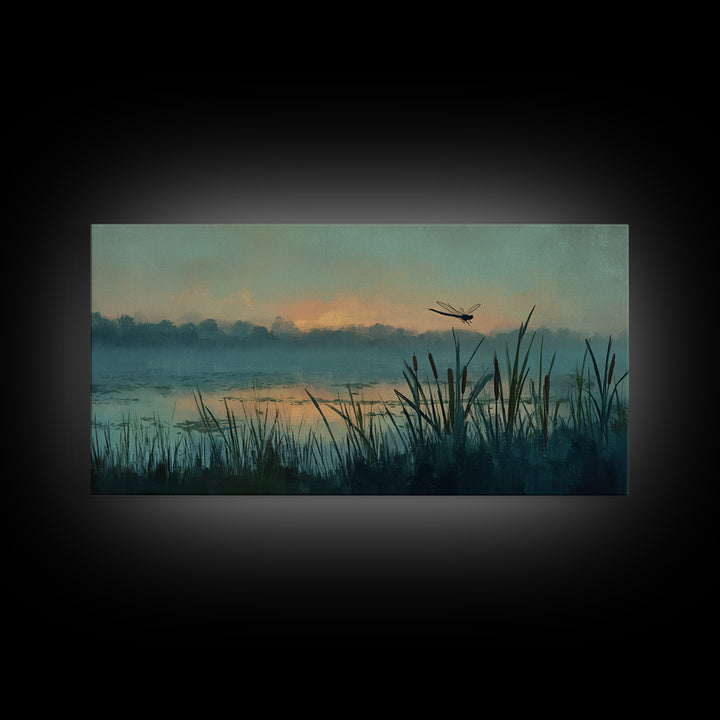 Dragonfly over a Pond with Reeds Framed Canvas Print, Nature Art, Home Decor, Living Room Decor, Nature, Abstract Wall Art, NAT-2x1-86
