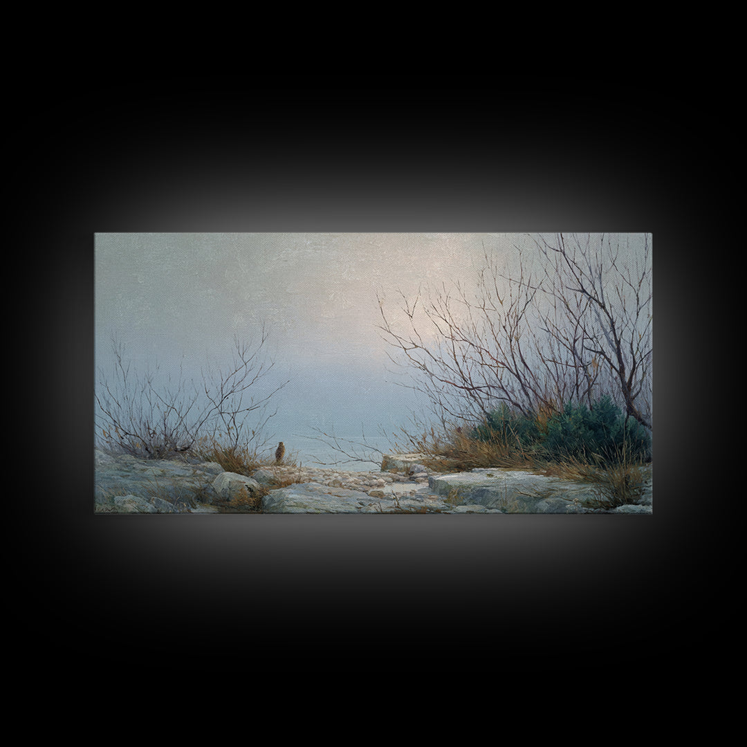 Owl in Moonlit Branches Framed Canvas Print, Nature Art, Mountain Wall Art, Living Room Decor, Watercolor Art, Nature, NAT-2x1-87