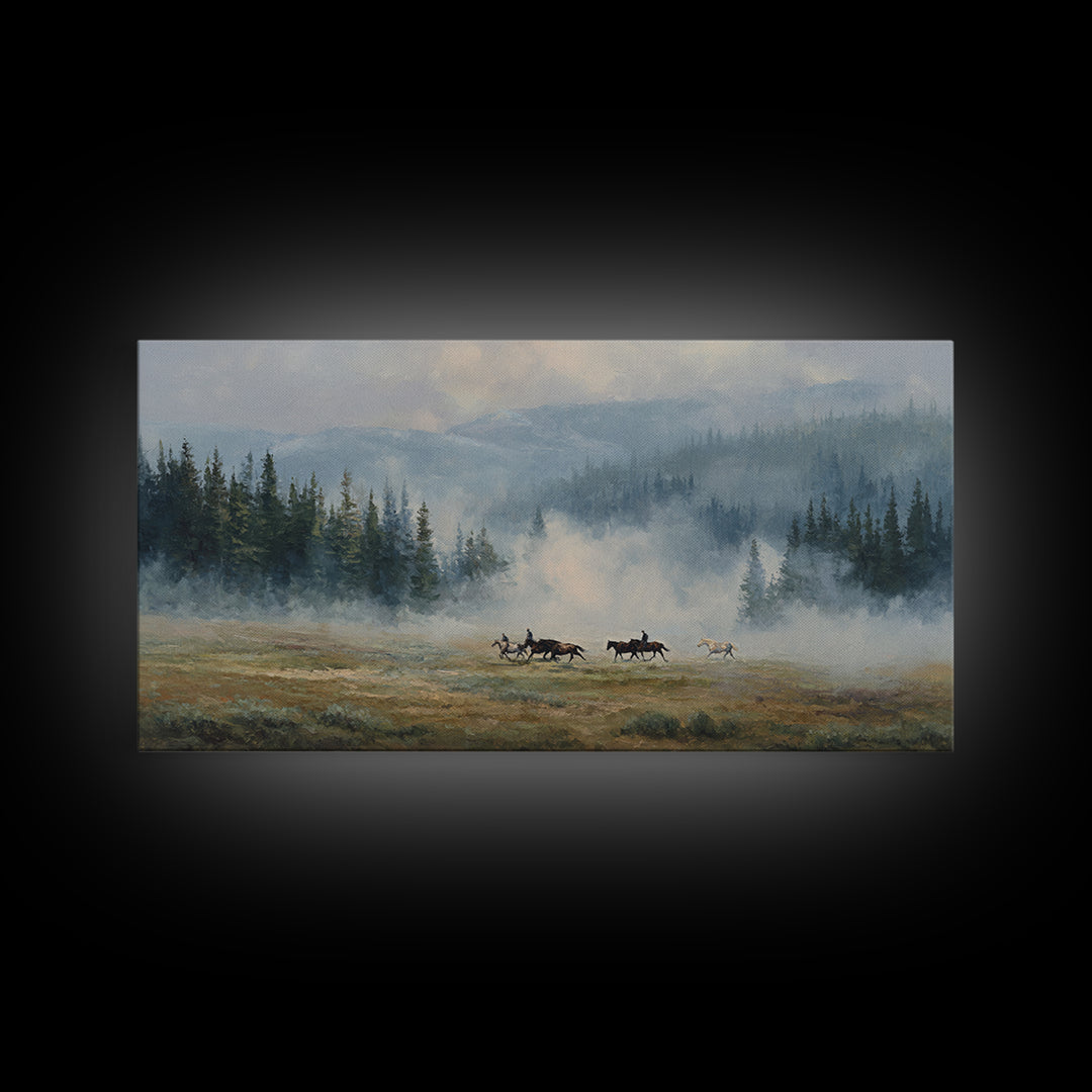 Wild Horses Running Near Mountain Ridge Framed Canvas Print, Nature Art, Poster, Living Room Decor, Fine Art, Nature, NAT-2x1-90