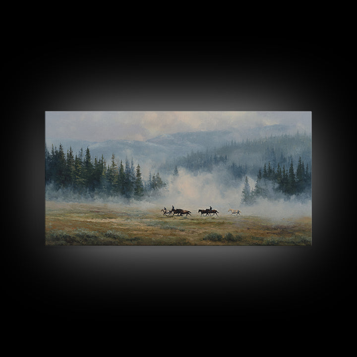 Wild Horses Running Near Mountain Ridge Framed Canvas Print, Nature Art, Poster, Living Room Decor, Fine Art, Nature, NAT-2x1-90