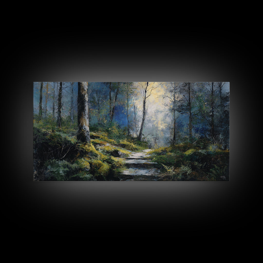 Sunlit Forest Path Canvas Print, Nature Art, Framed Art, Living Room Decor, Nature, Botanical Art, Digital Download Art, NAT-2x1-93