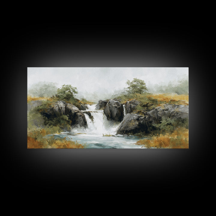 Waterfall Hidden Among Dark Green Rocks Framed Canvas Print, Nature Art, Landscape Print, Living Room Decor, Fine Art, Nature, NAT-2x1-95