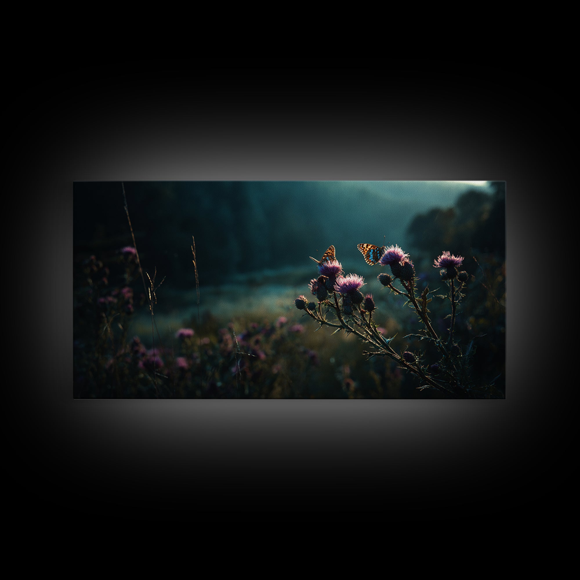 Butterfly Resting on a Blooming Thistle Framed Canvas Print, Nature Art, Stained Glass Art, Living Room Decor, Oil Painting, NAT-2x1-96