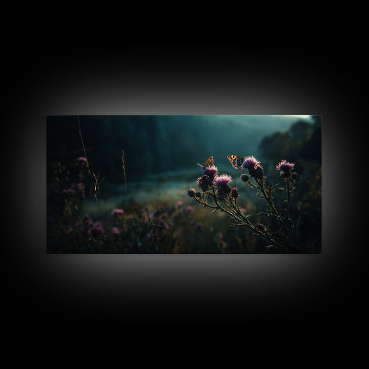 Butterfly Resting on a Blooming Thistle Framed Canvas Print, Nature Art, Stained Glass Art, Living Room Decor, Oil Painting, NAT-2x1-96